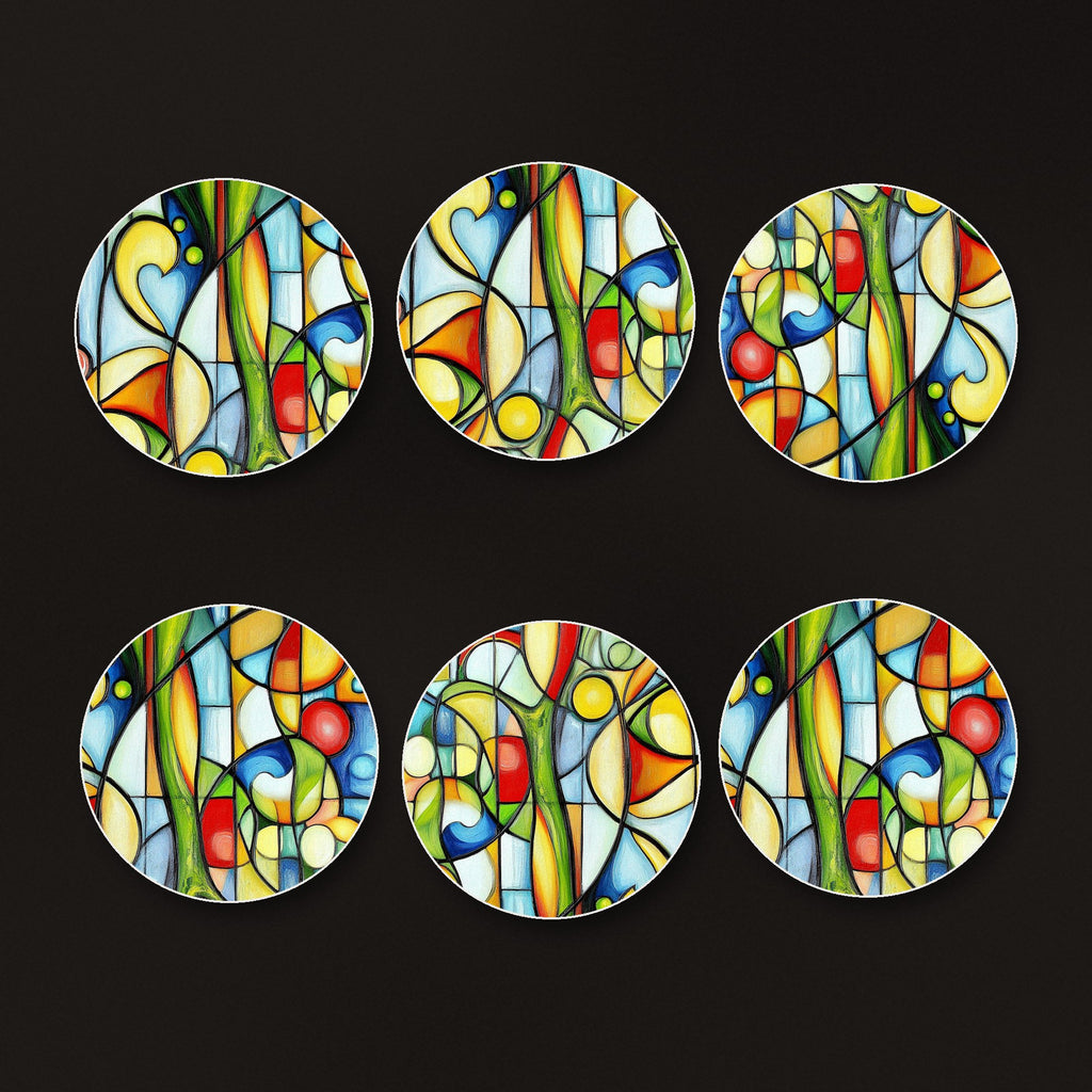 Cubist Garden Abstract round ceramic coasters, matte finish, on a dark bar counter