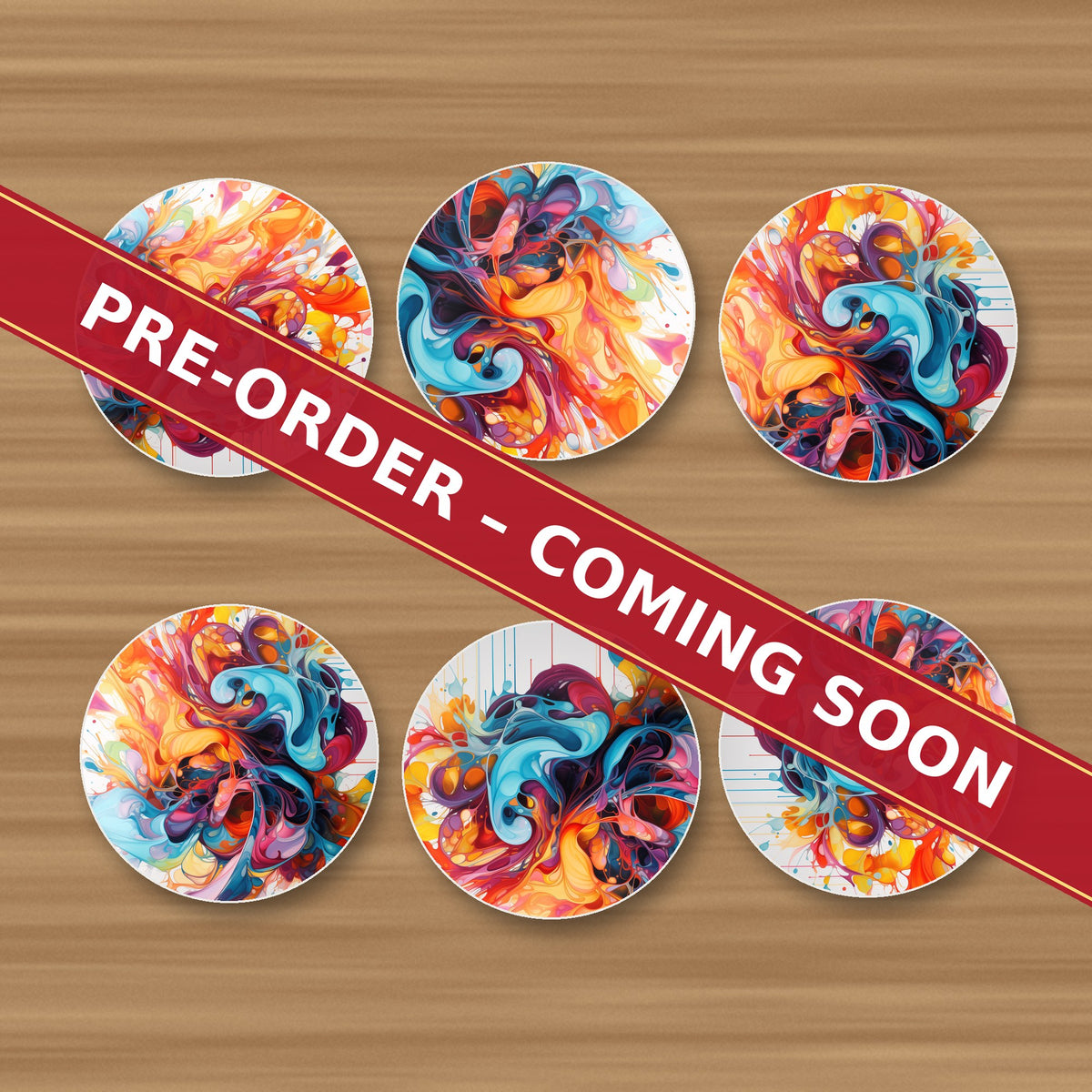 Bright Paint Burst round ceramic coaster set of 6, UV printed, pre-order coming soon