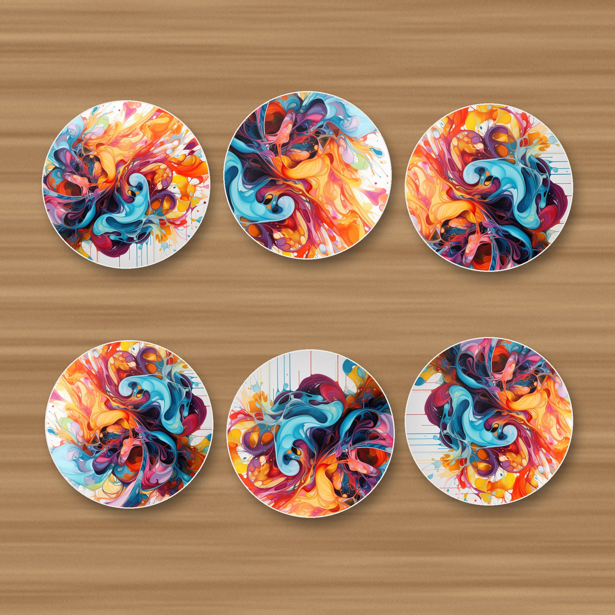Bright Paint Burst round ceramic coasters, set of 6, glossy finish, on an oak coffee table
