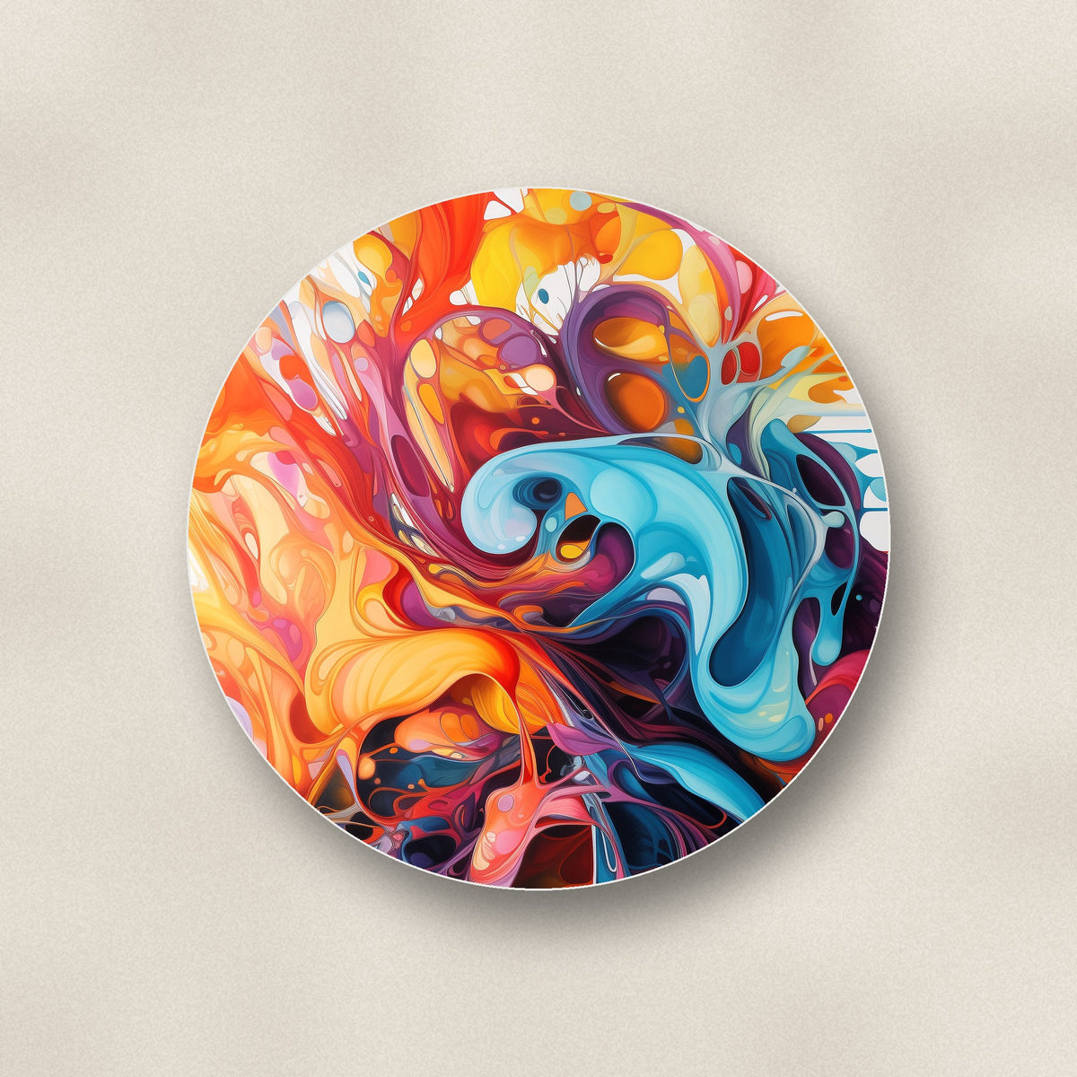Close-up of one bright paint burst ceramic coaster, glossy finish, flat UV print