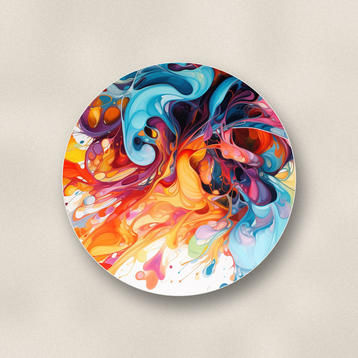 Close-up of one bright paint burst ceramic coaster, matte finish, flat UV print
