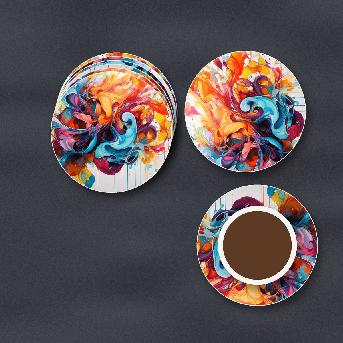Bright Paint Burst ceramic coasters, matte finish, stacked on a slate kitchen worktop