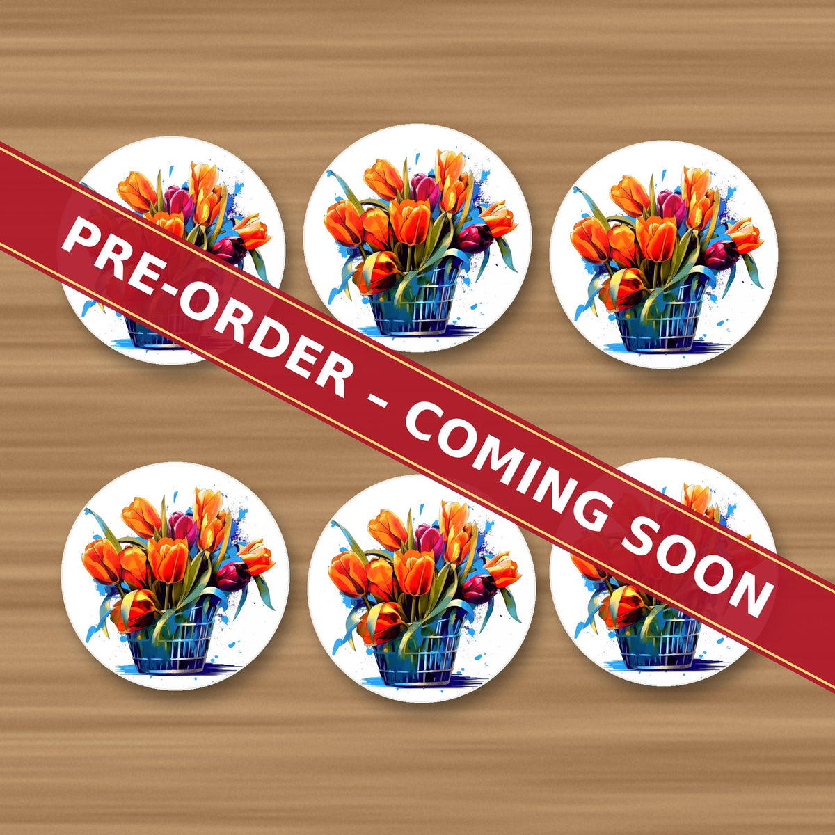 Orange Tulip Basket round ceramic coaster set of 6, UV printed, pre-order coming soon