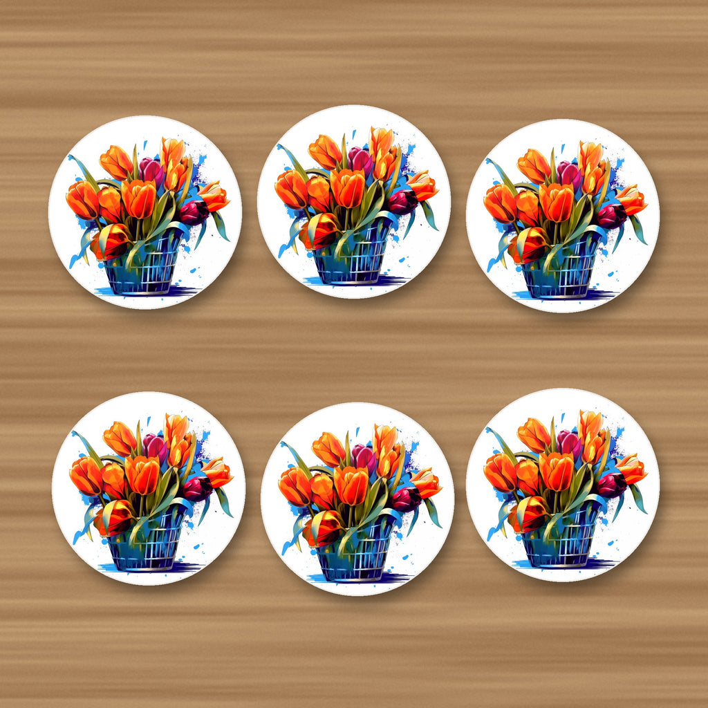 Orange Tulip Basket round ceramic coasters, set of 6, glossy finish, on an oak coffee table