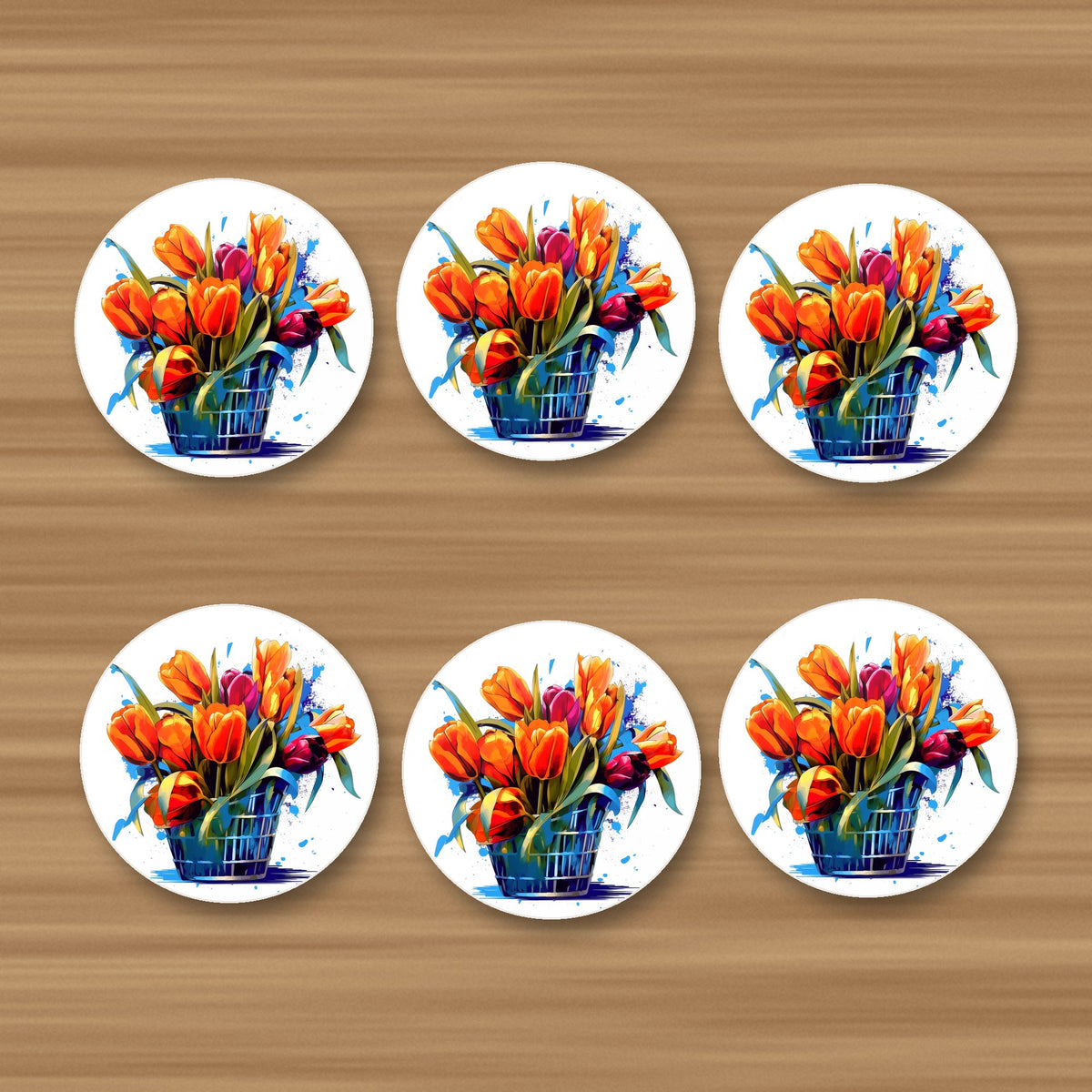 Orange Tulip Basket round ceramic coasters, set of 6, glossy finish, on an oak coffee table