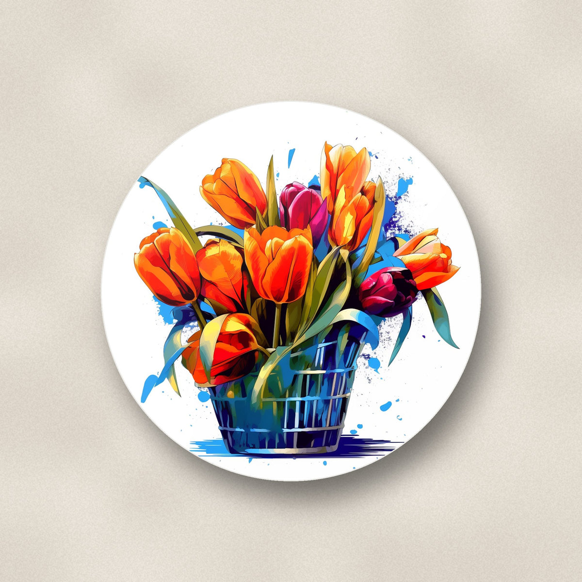 Close-up of one orange tulip basket ceramic coaster, glossy finish, flat UV print
