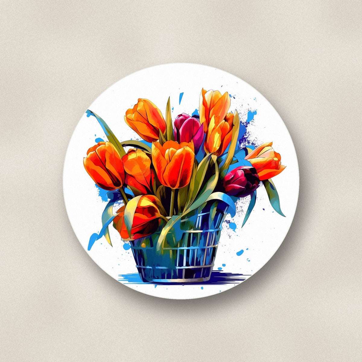 Close-up of one orange tulip basket ceramic coaster, matte finish, flat UV print