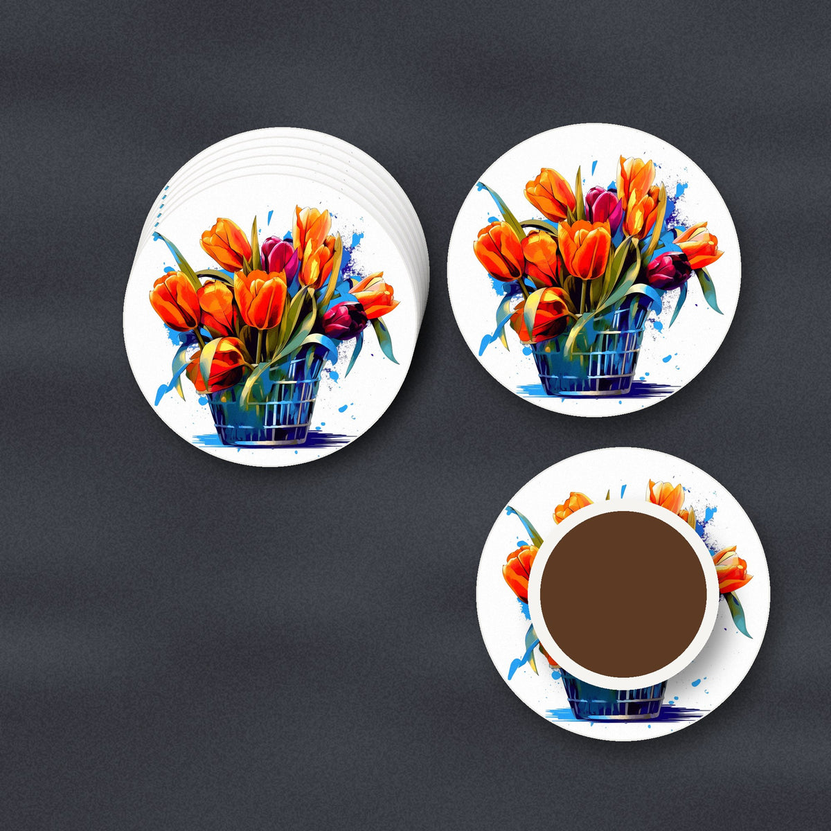 Orange Tulip Basket ceramic coasters, matte finish, stacked on a slate kitchen worktop