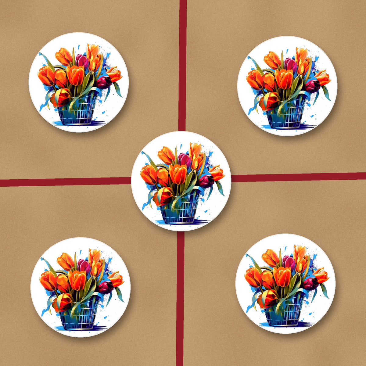 Orange Tulip Basket ceramic coasters, glossy finish, on kraft gift wrap