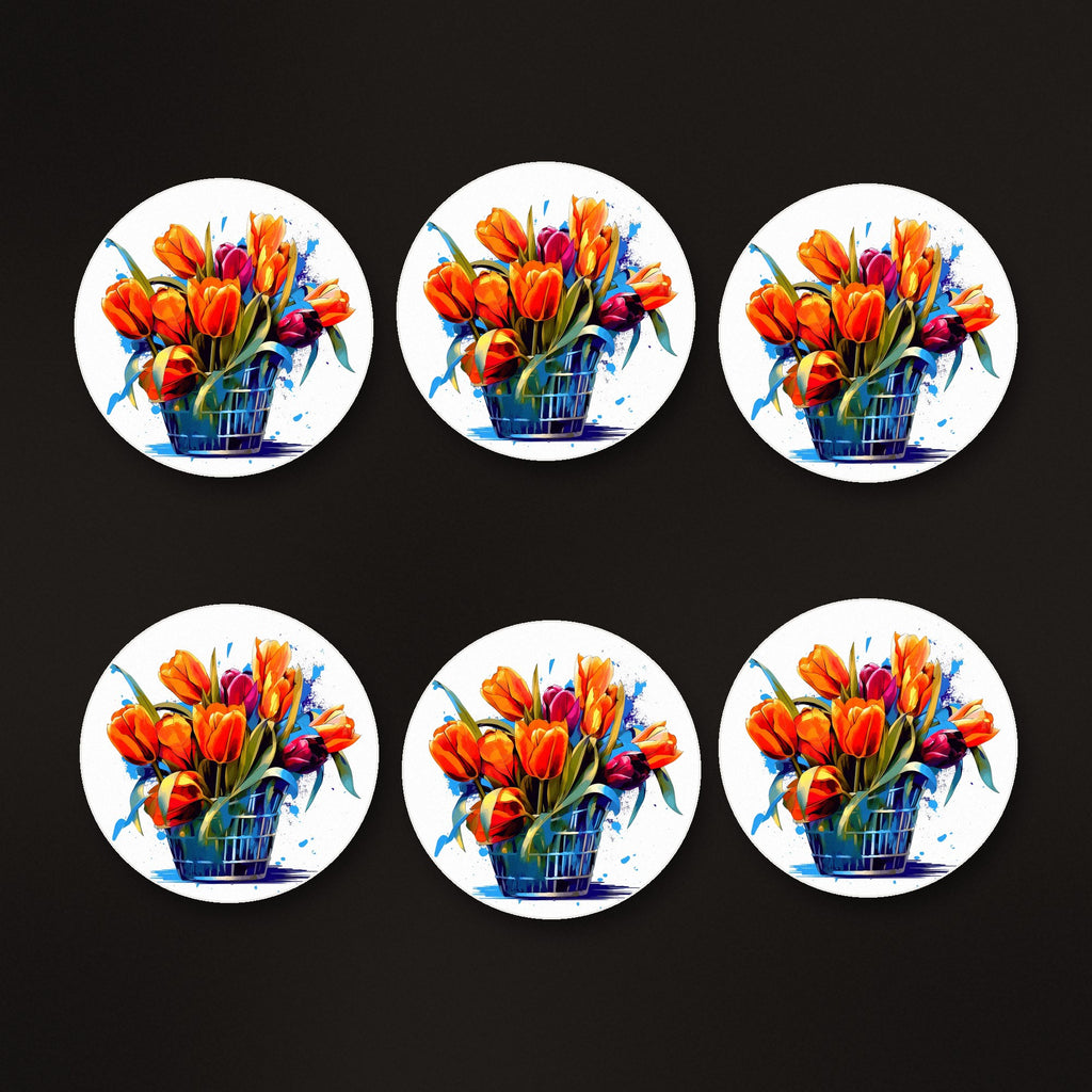 Orange Tulip Basket round ceramic coasters, matte finish, on a dark bar counter