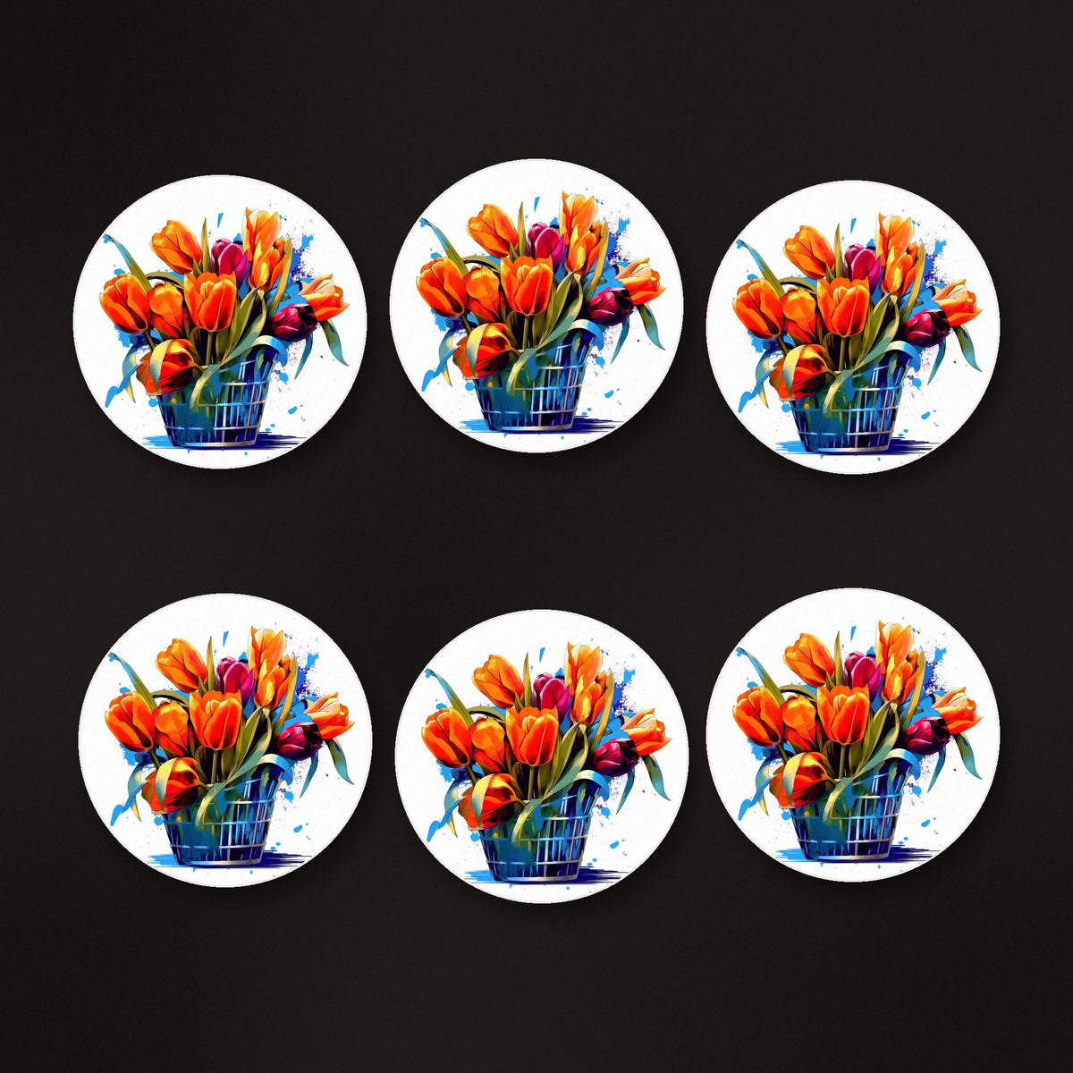 Orange Tulip Basket round ceramic coasters, matte finish, on a dark bar counter