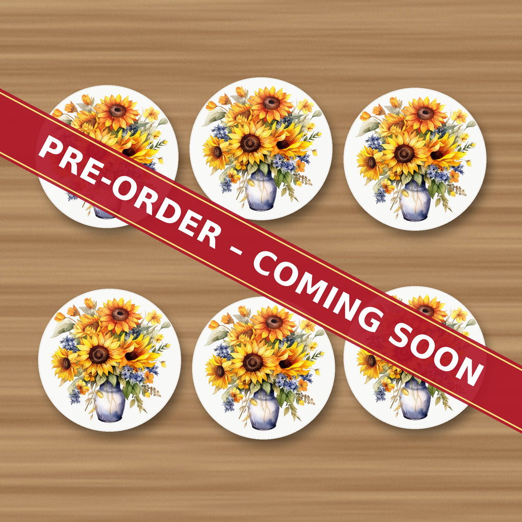 Sunflower Vase round ceramic coaster set of 6, UV printed, pre-order coming soon