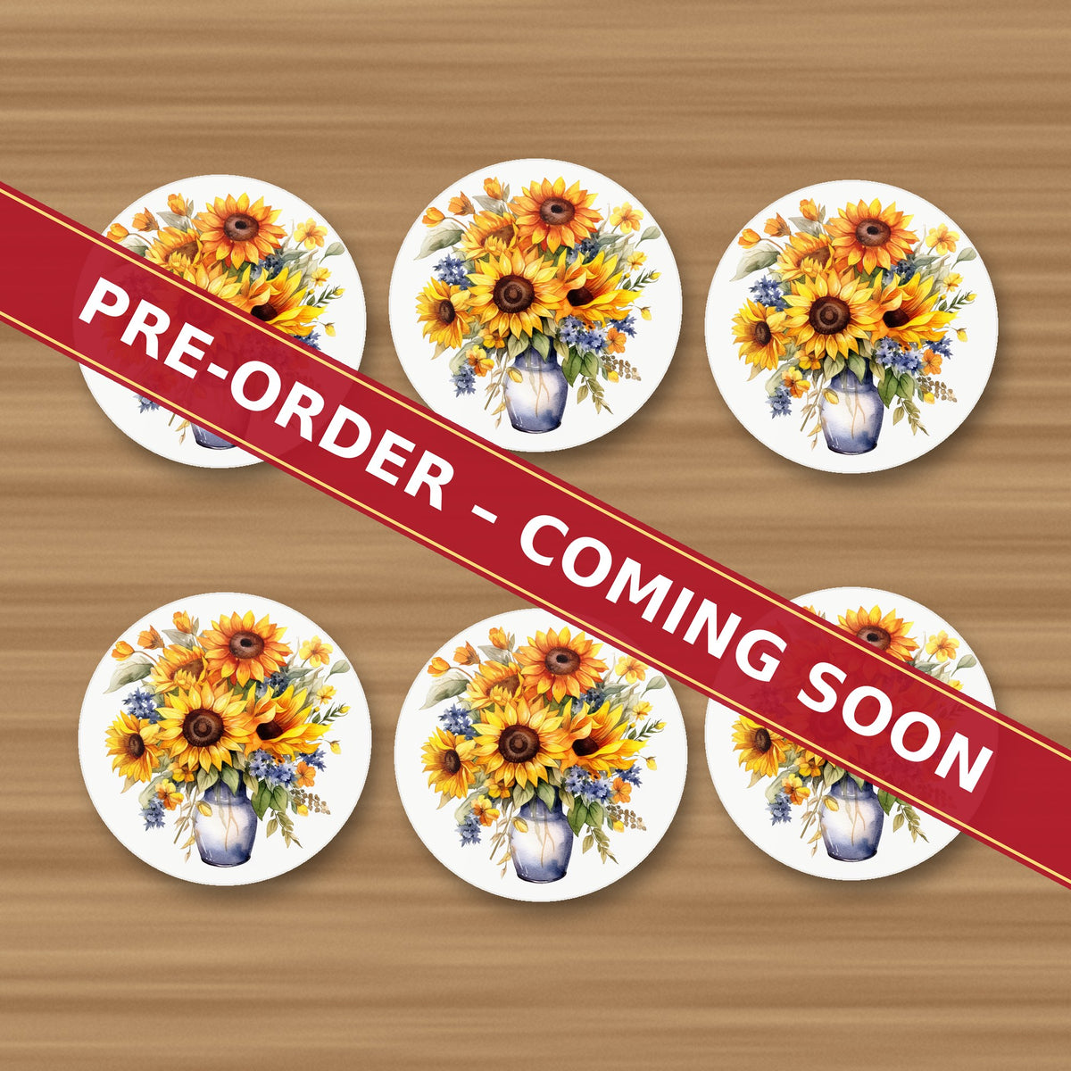 Sunflower Vase round ceramic coaster set of 6, UV printed, pre-order coming soon