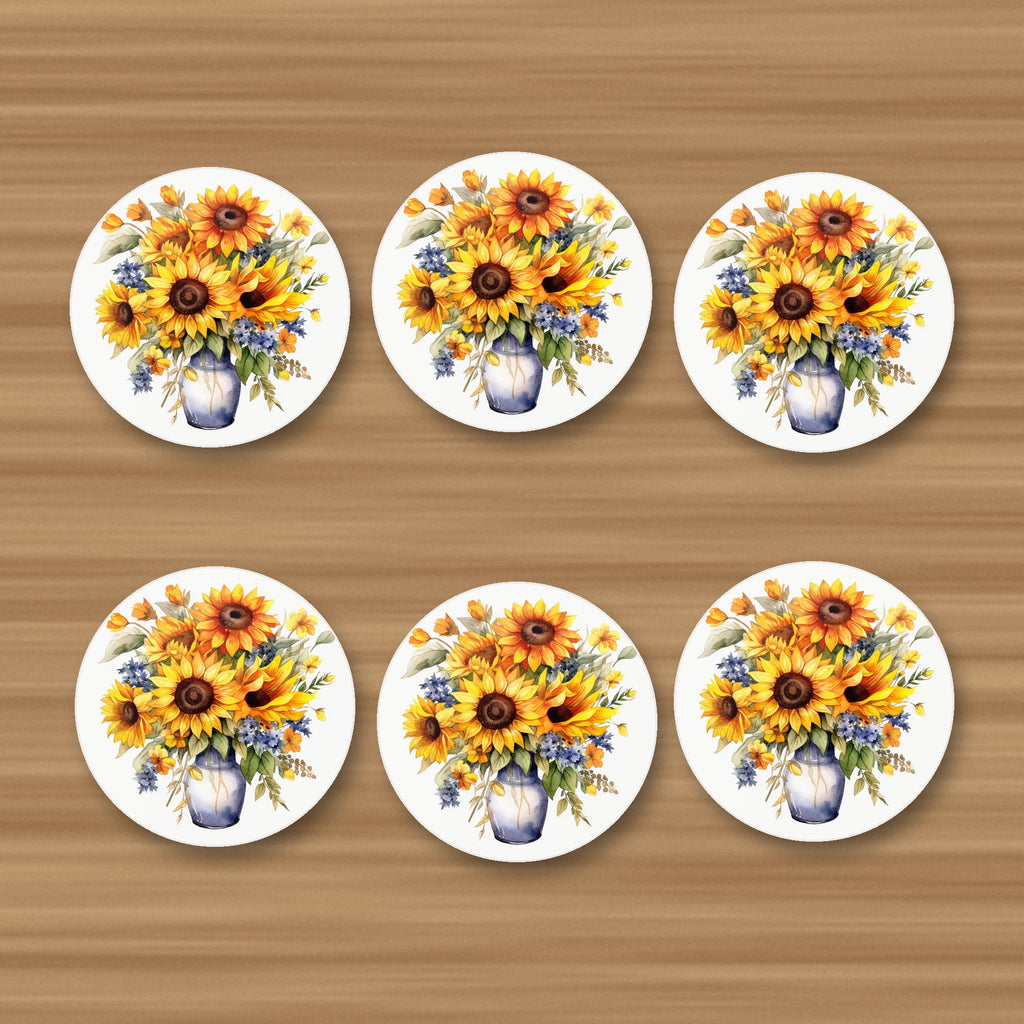 Sunflower Vase round ceramic coasters, set of 6, glossy finish, on an oak coffee table