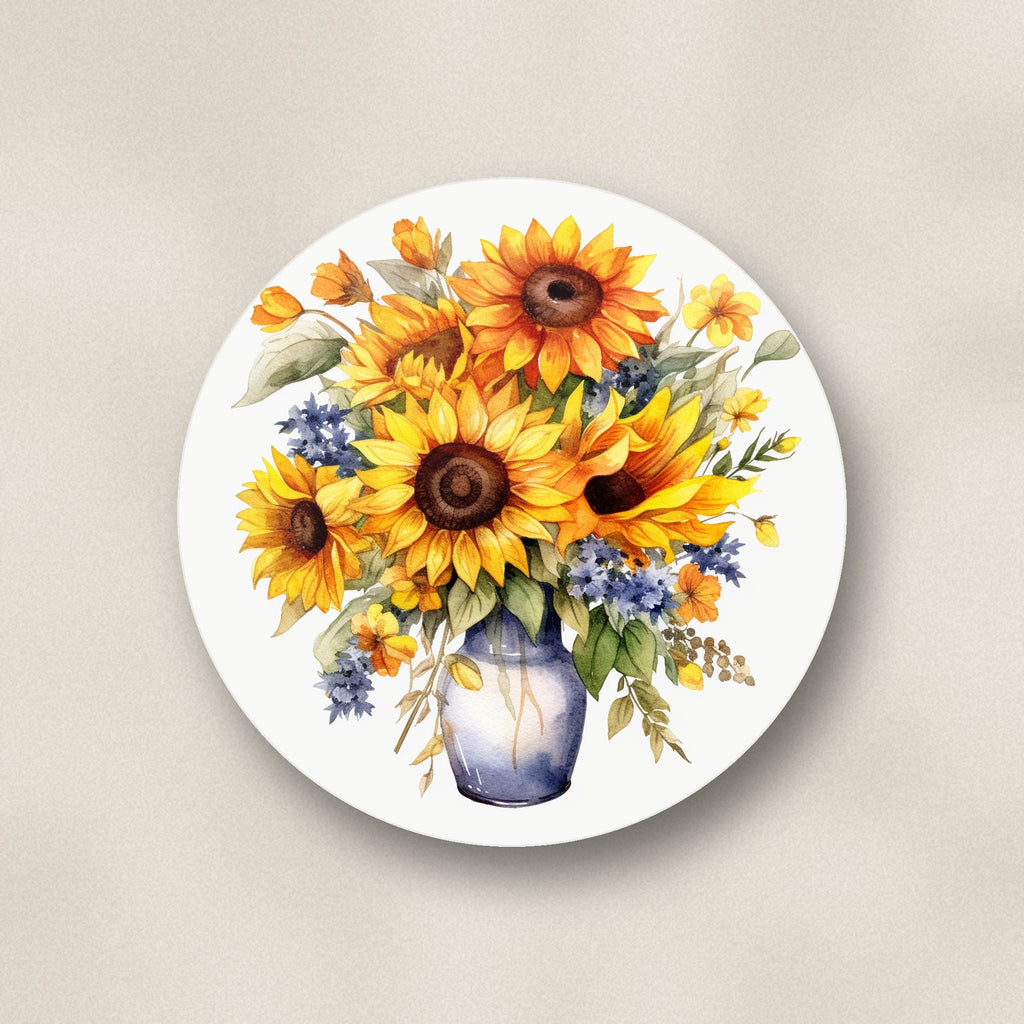 Close-up of one sunflower vase ceramic coaster, glossy finish, flat UV print