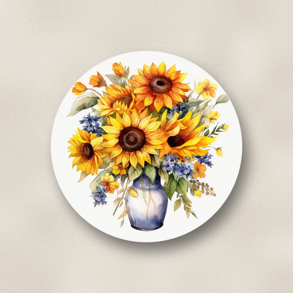 Close-up of one sunflower vase ceramic coaster, matte finish, flat UV print
