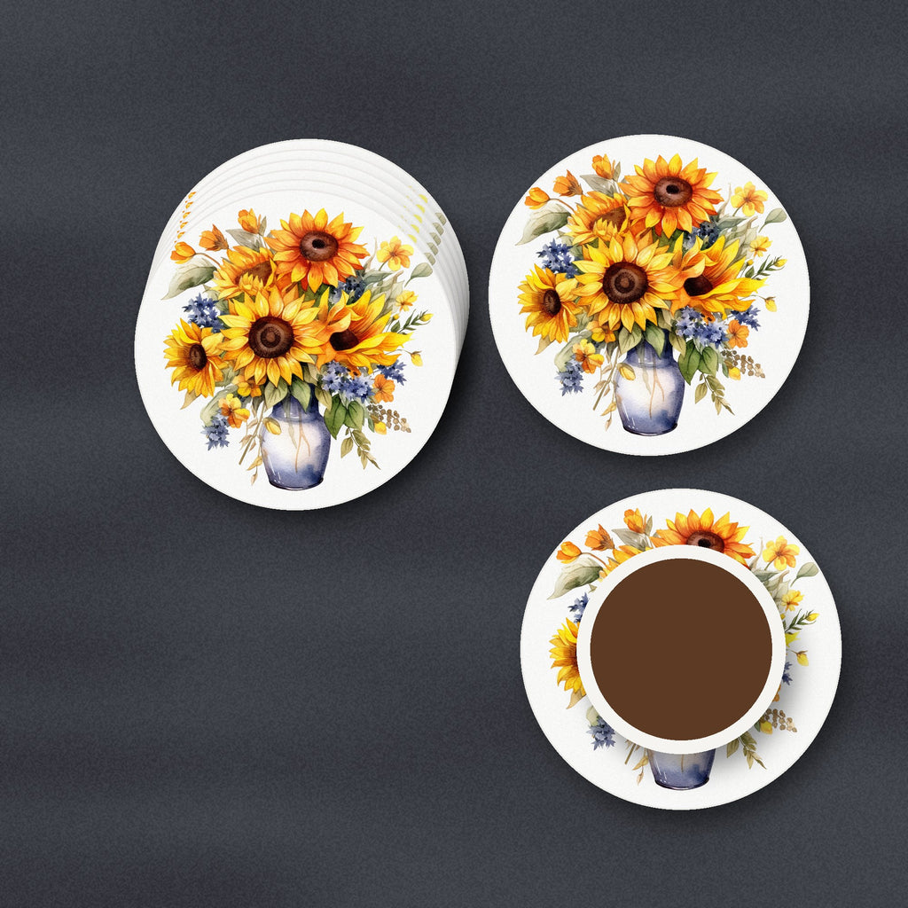 Sunflower Vase ceramic coasters, matte finish, stacked on a slate kitchen worktop