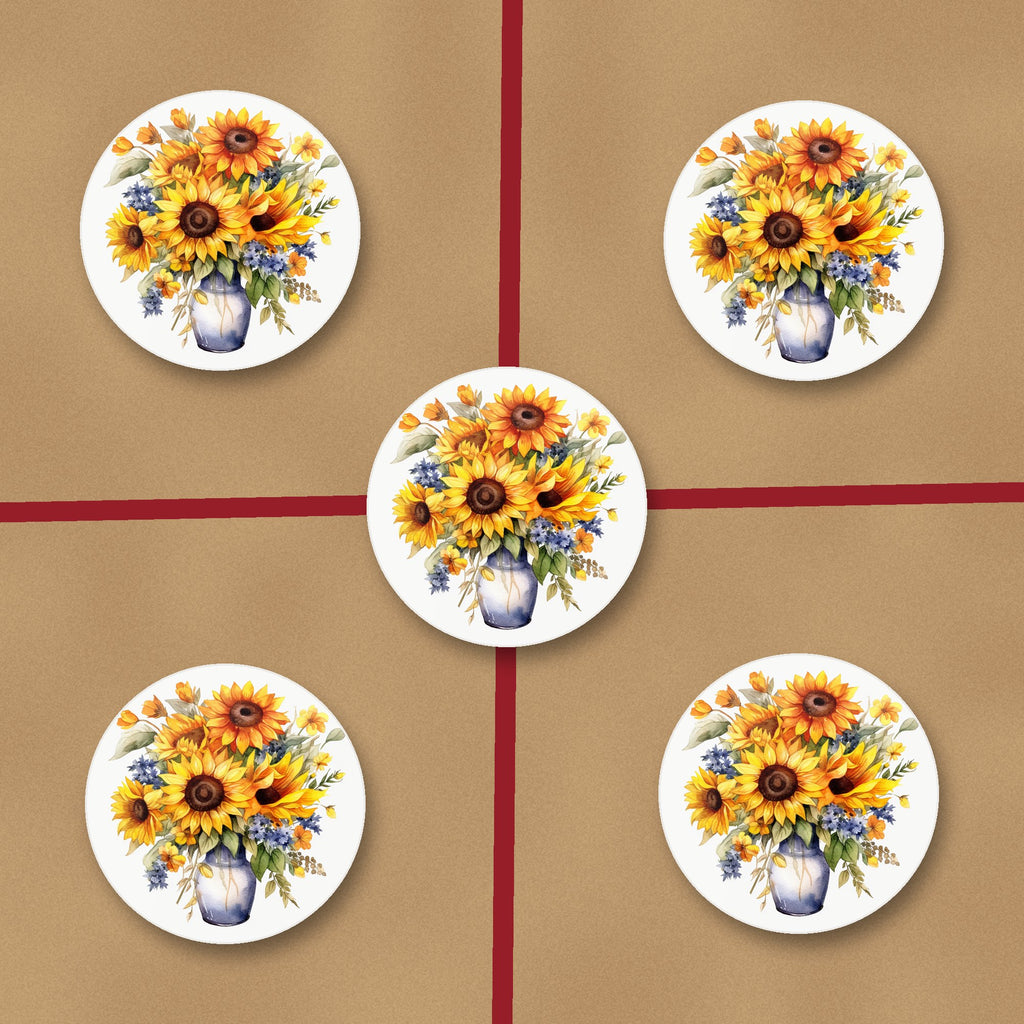 Sunflower Vase ceramic coasters, glossy finish, on kraft gift wrap