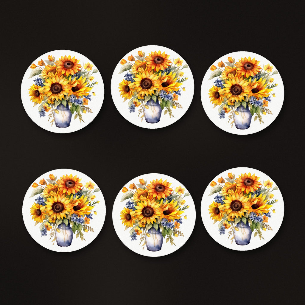 Sunflower Vase round ceramic coasters, matte finish, on a dark bar counter