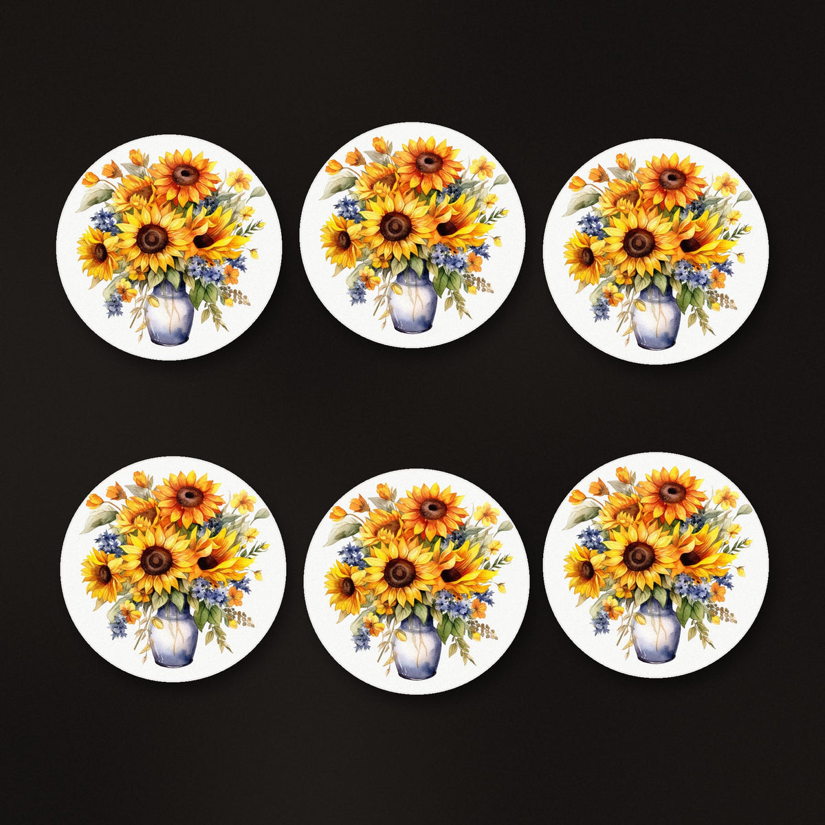 Sunflower Vase round ceramic coasters, matte finish, on a dark bar counter