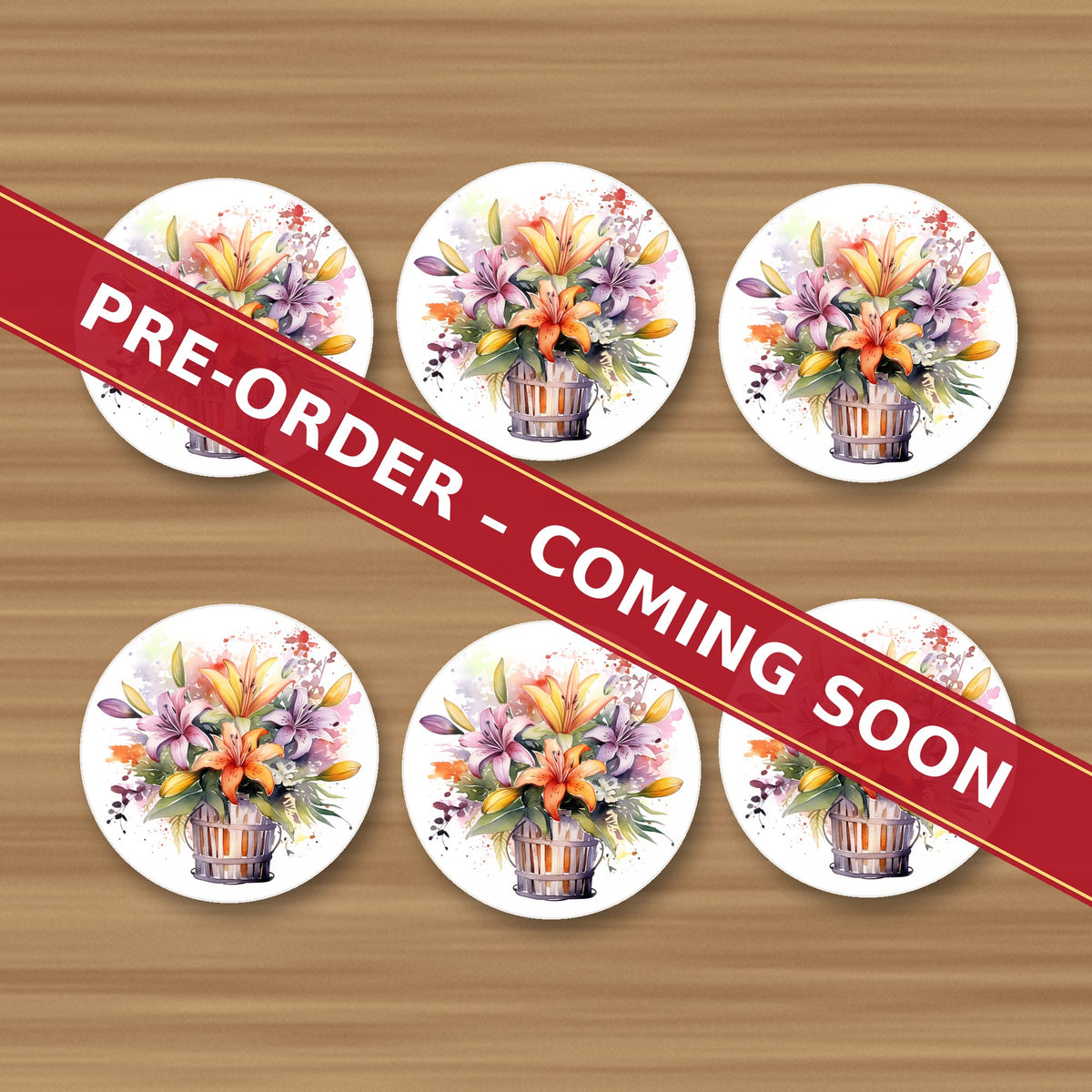 Lily & Wildflower Bouquet round ceramic coaster set of 6, UV printed, pre-order coming soon