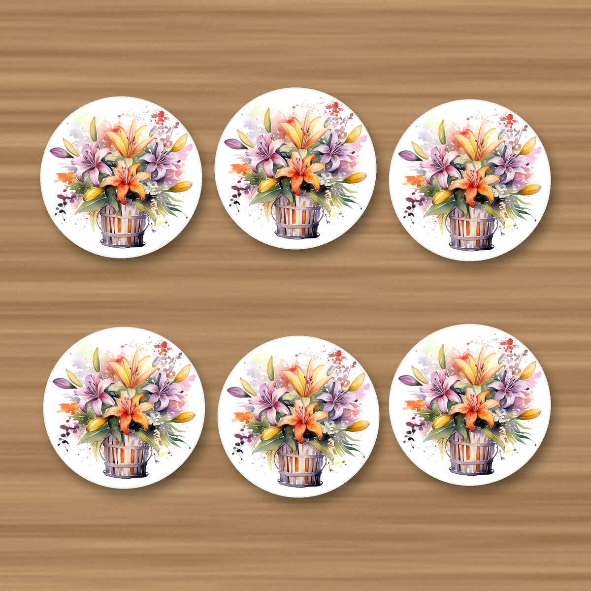 Lily & Wildflower Bouquet round ceramic coasters, set of 6, glossy finish, on an oak coffee table