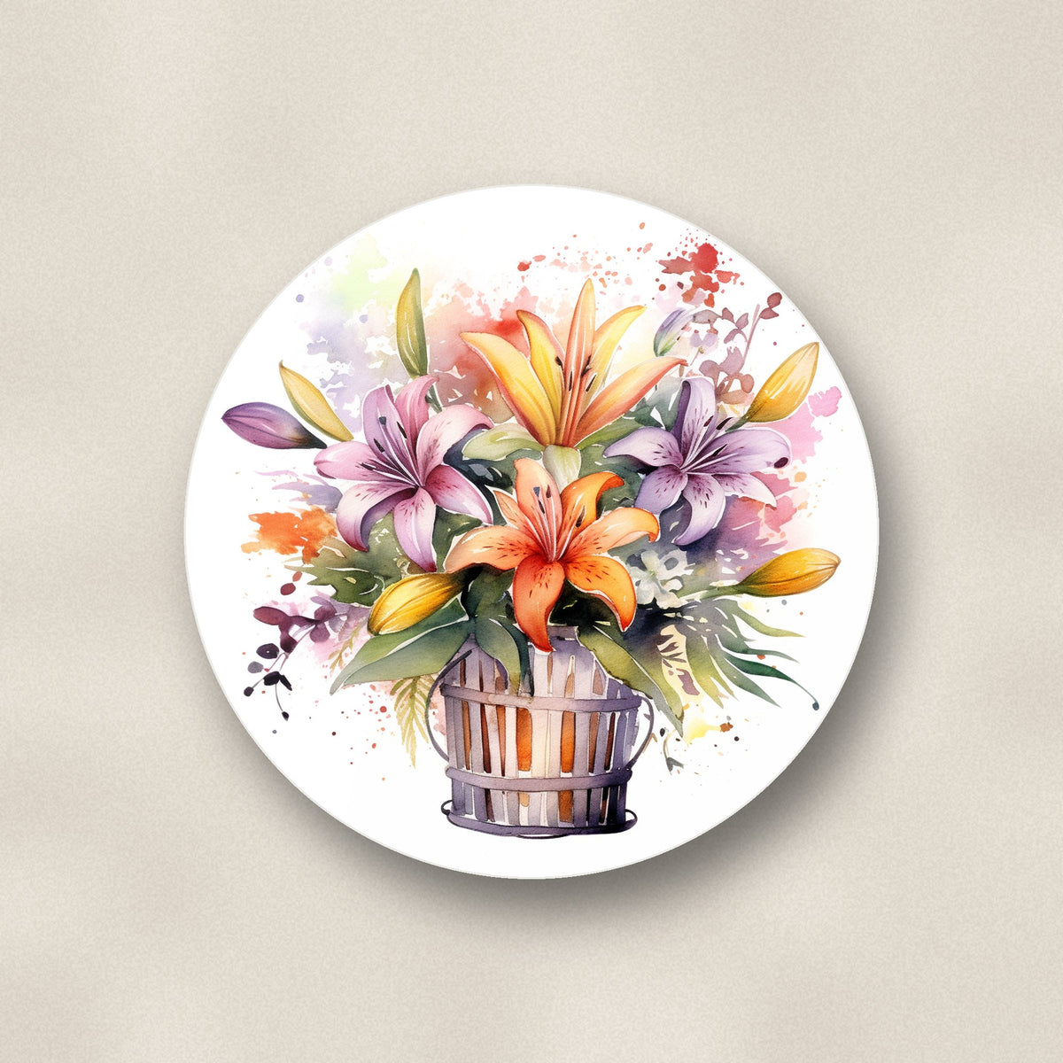 Close-up of one lily & wildflower bouquet ceramic coaster, glossy finish, flat UV print