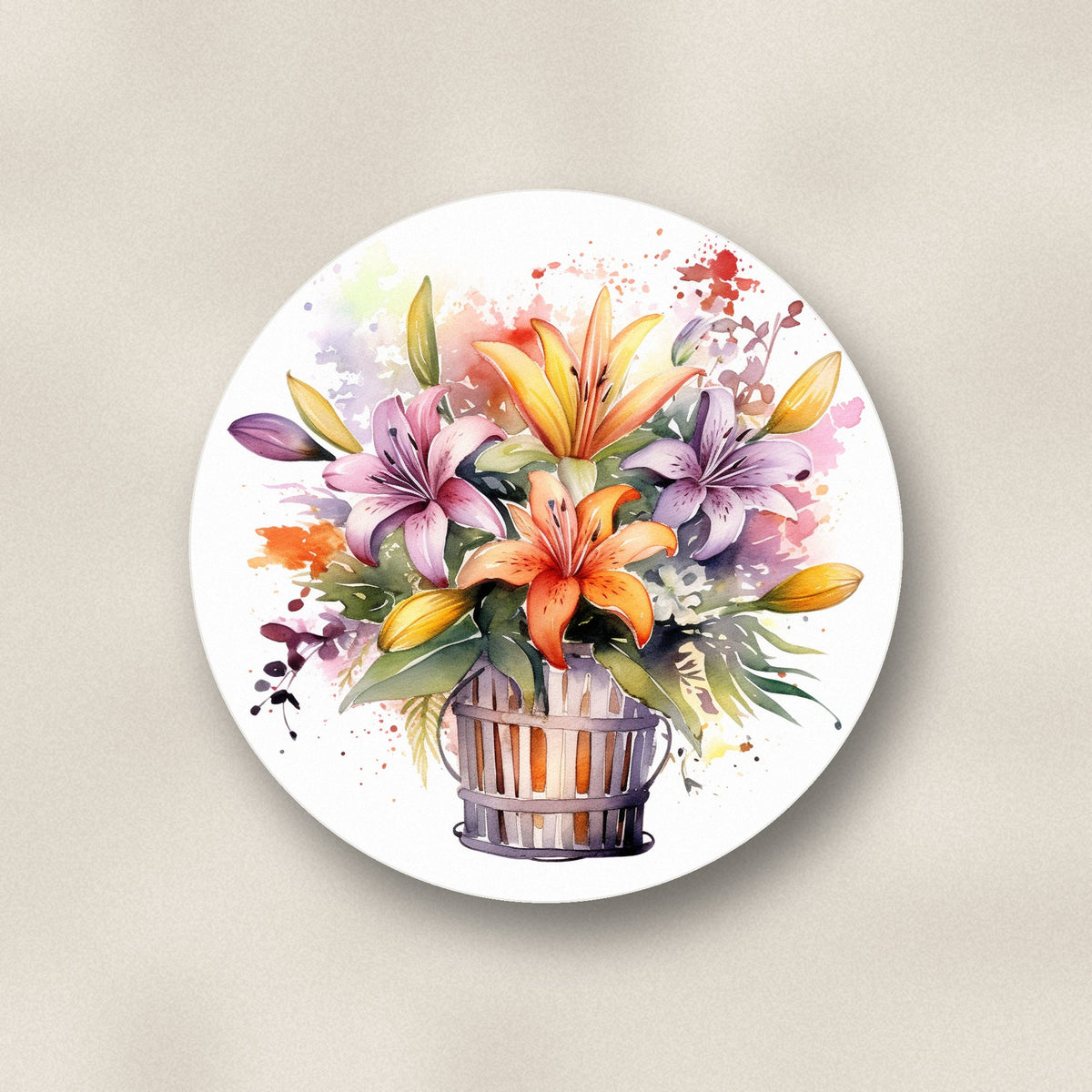 Close-up of one lily & wildflower bouquet ceramic coaster, matte finish, flat UV print