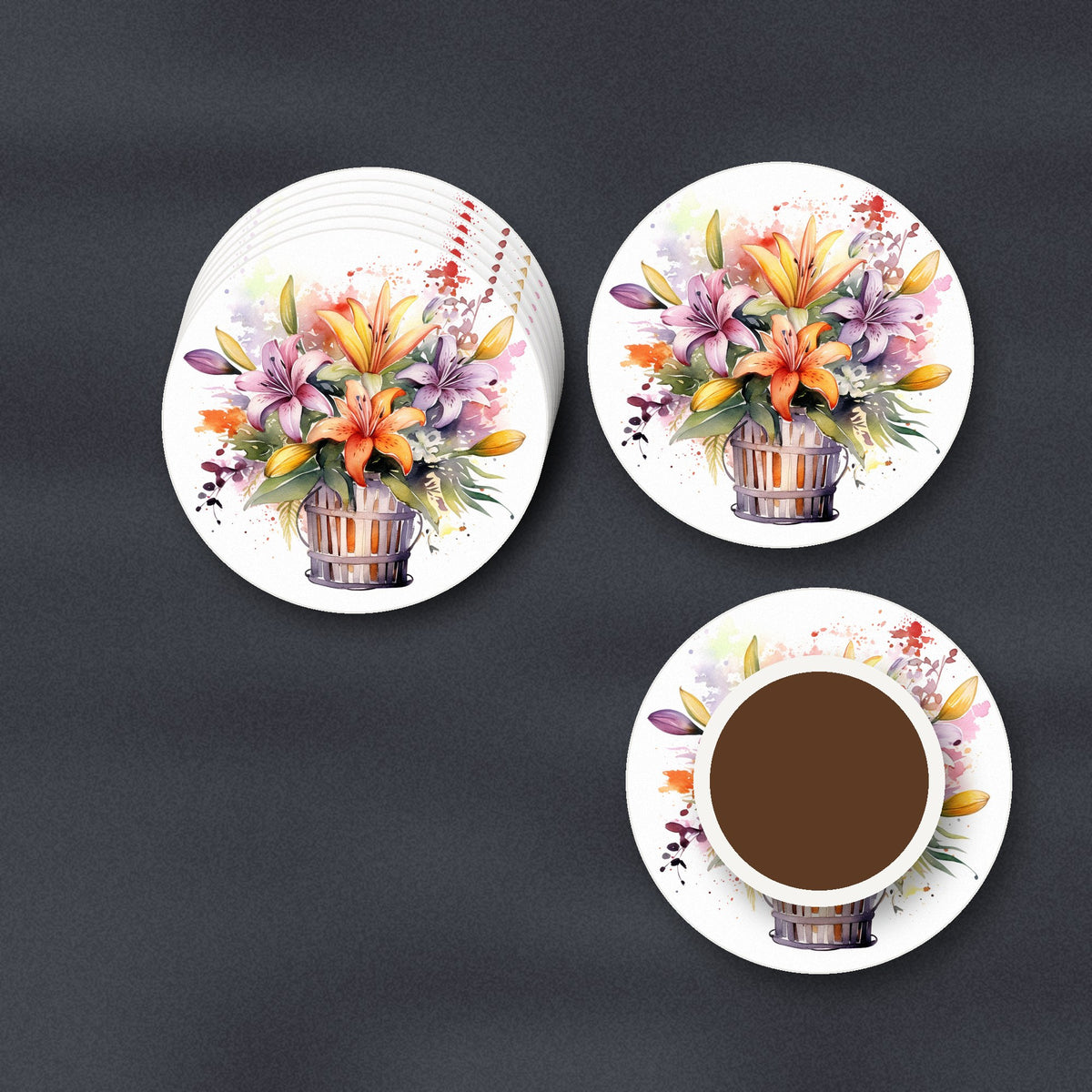 Lily & Wildflower Bouquet ceramic coasters, matte finish, stacked on a slate kitchen worktop