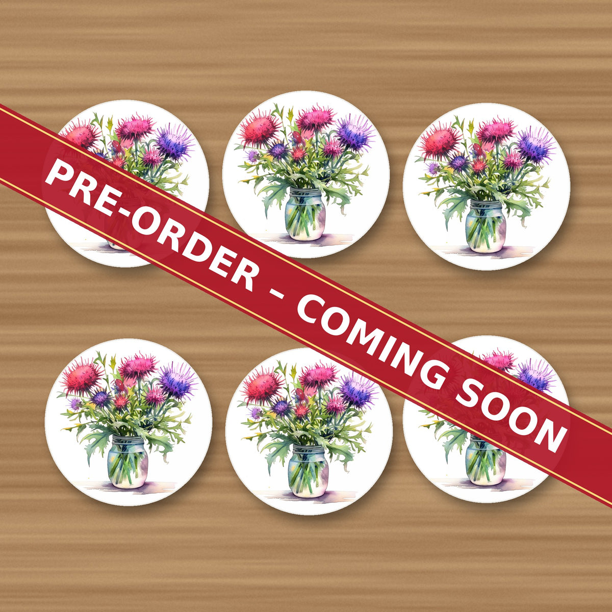 Thistle & Wildflower Jar round ceramic coaster set of 6, UV printed, pre-order coming soon