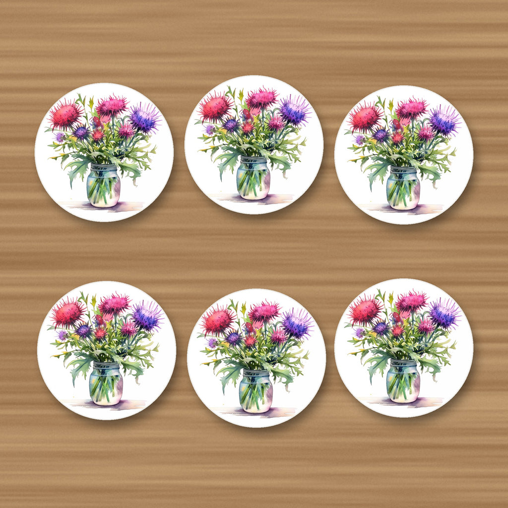 Thistle & Wildflower Jar round ceramic coasters, set of 6, glossy finish, on an oak coffee table