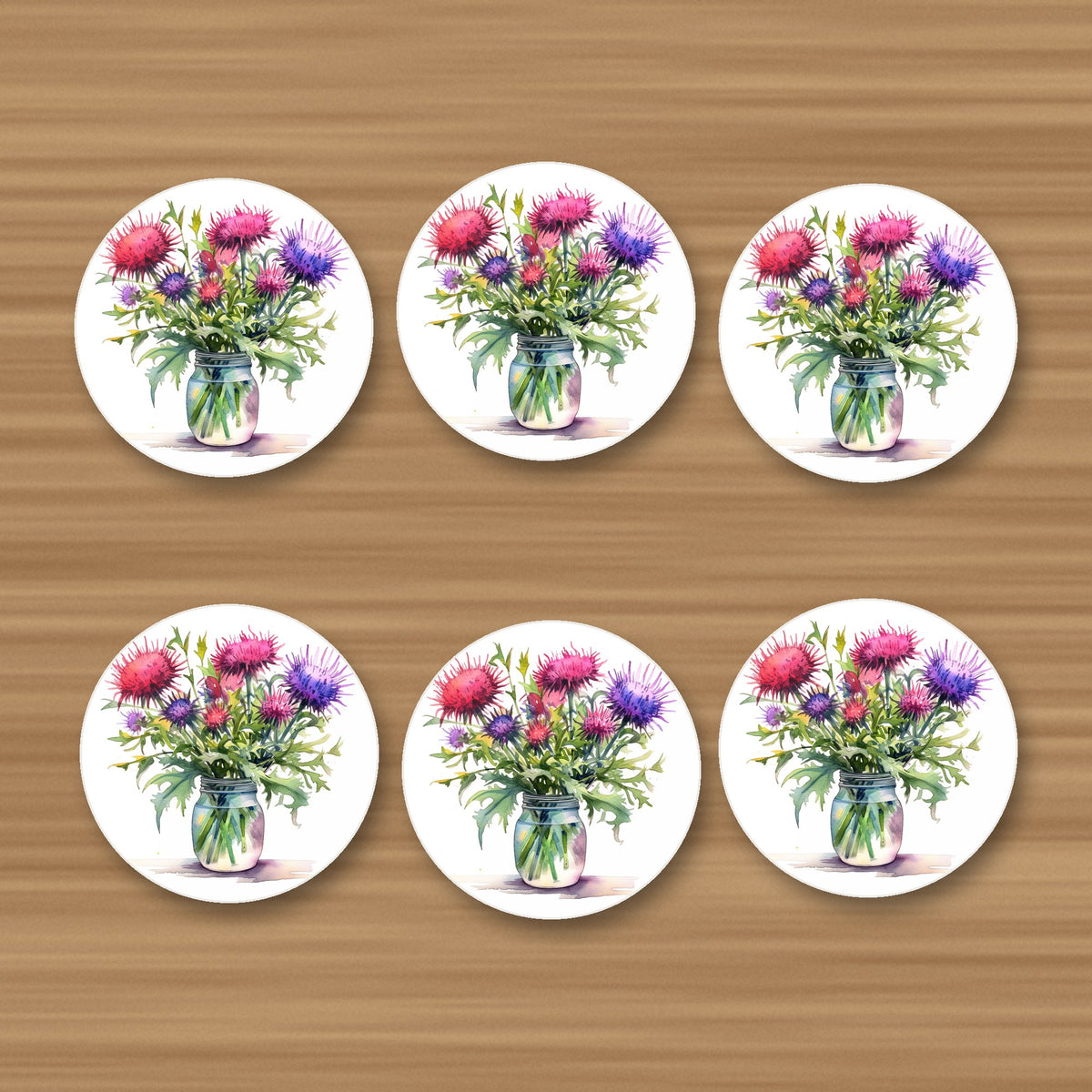 Thistle & Wildflower Jar round ceramic coasters, set of 6, glossy finish, on an oak coffee table