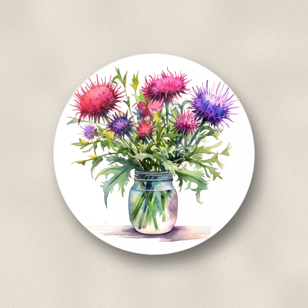 Close-up of one thistle & wildflower jar ceramic coaster, glossy finish, flat UV print