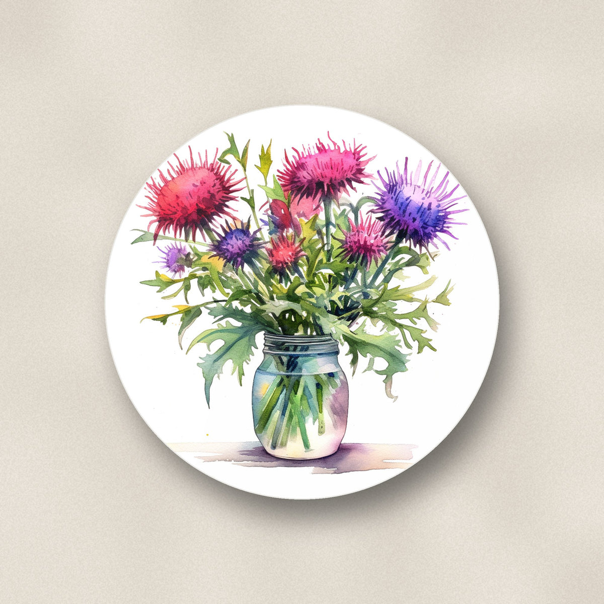 Close-up of one thistle & wildflower jar ceramic coaster, glossy finish, flat UV print