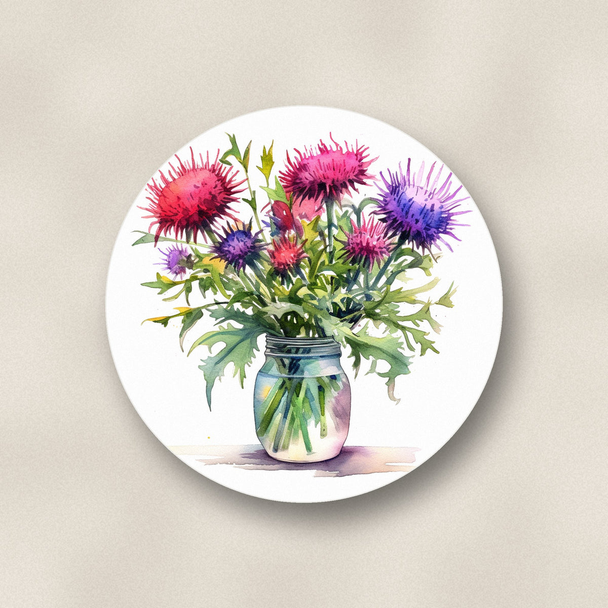 Close-up of one thistle & wildflower jar ceramic coaster, matte finish, flat UV print