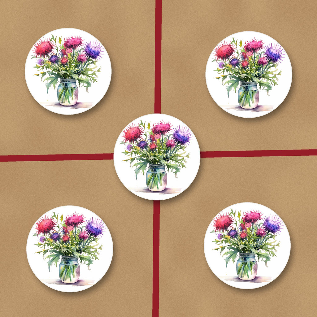 Thistle & Wildflower Jar ceramic coasters, glossy finish, on kraft gift wrap