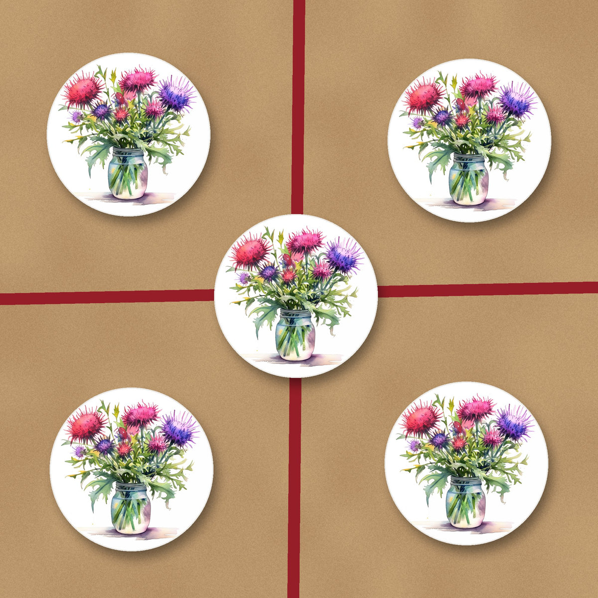 Thistle & Wildflower Jar ceramic coasters, glossy finish, on kraft gift wrap