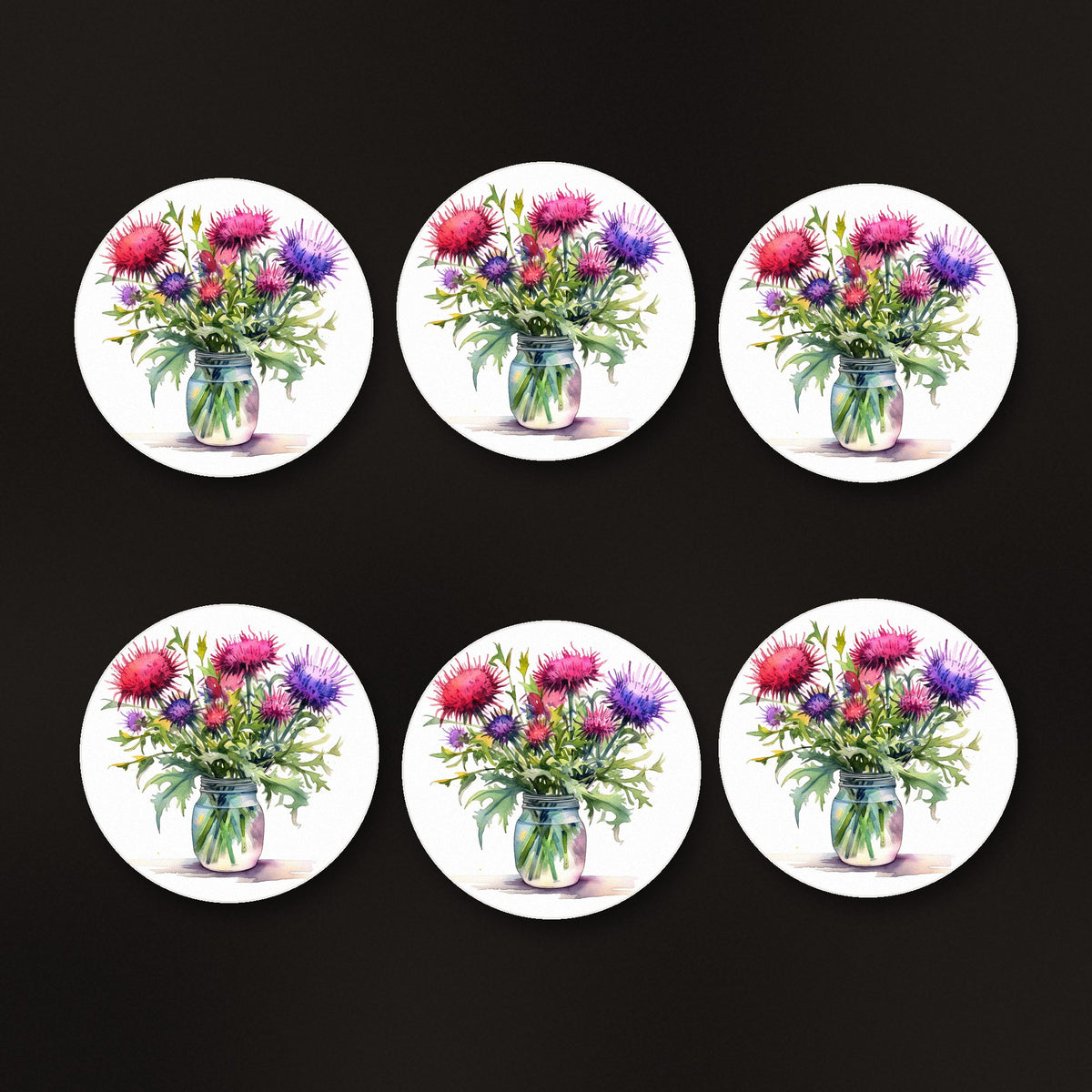Thistle & Wildflower Jar round ceramic coasters, matte finish, on a dark bar counter