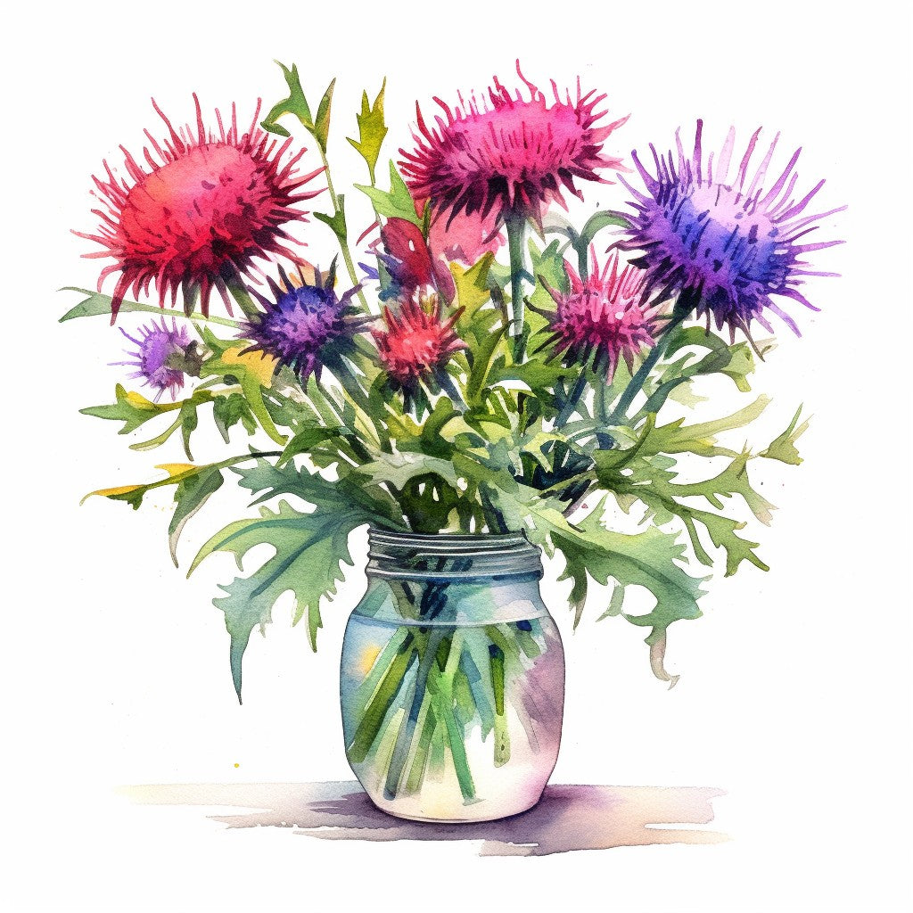 Original thistle & wildflower jar artwork used on these coasters