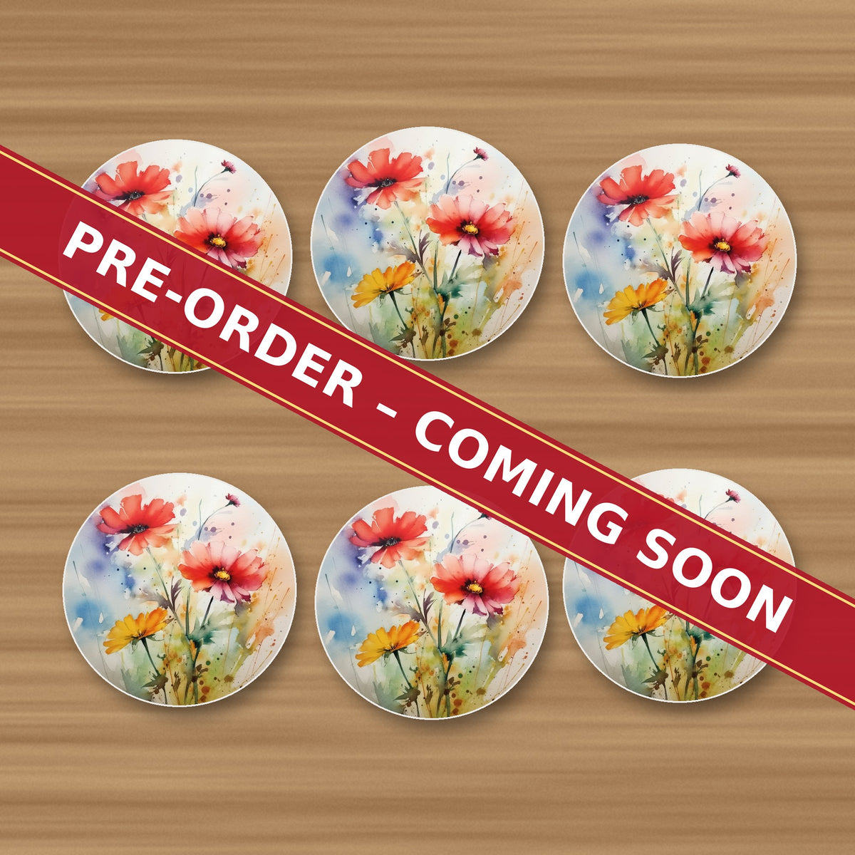 Watercolour Poppies round ceramic coaster set of 6, UV printed, pre-order coming soon