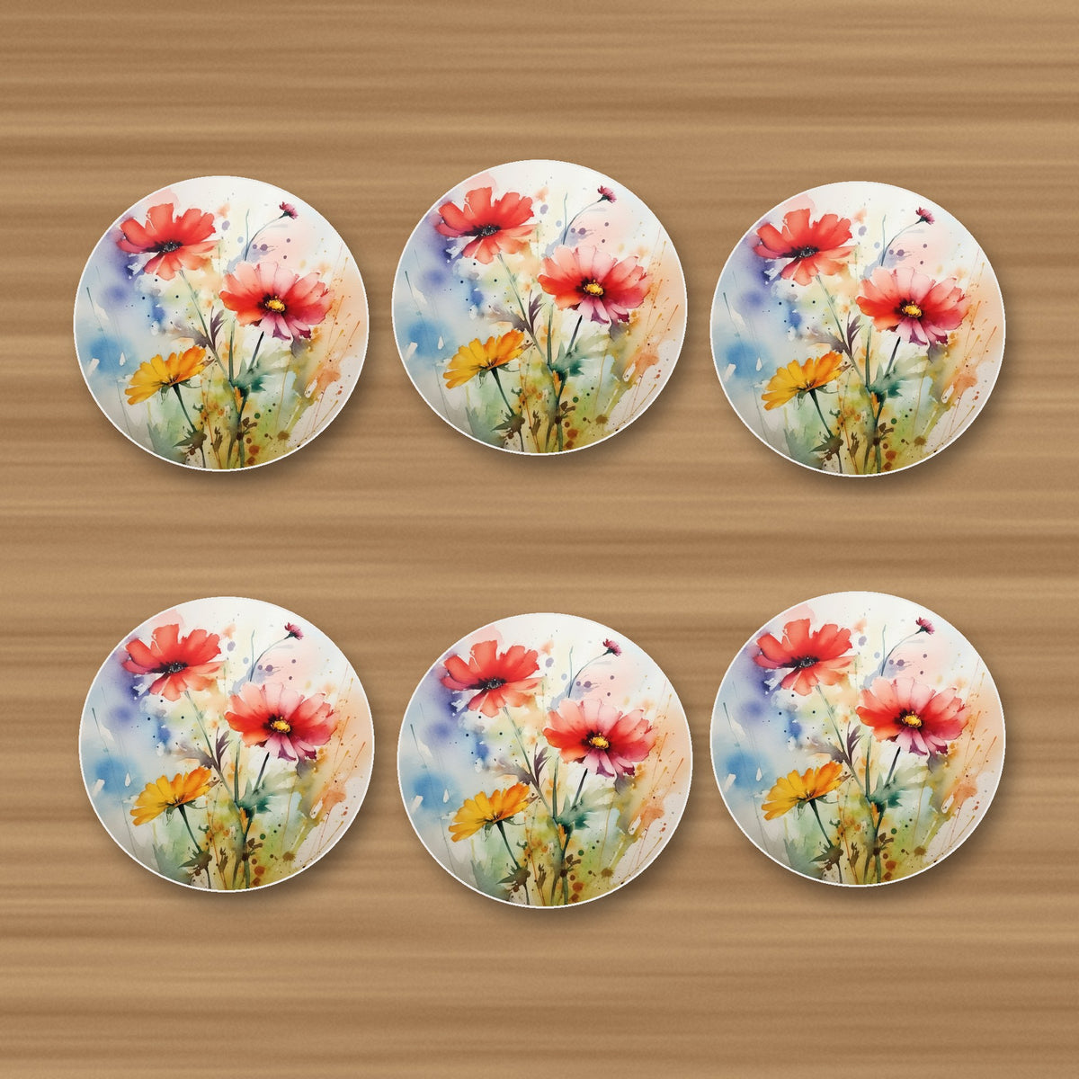 Watercolour Poppies round ceramic coasters, set of 6, glossy finish, on an oak coffee table