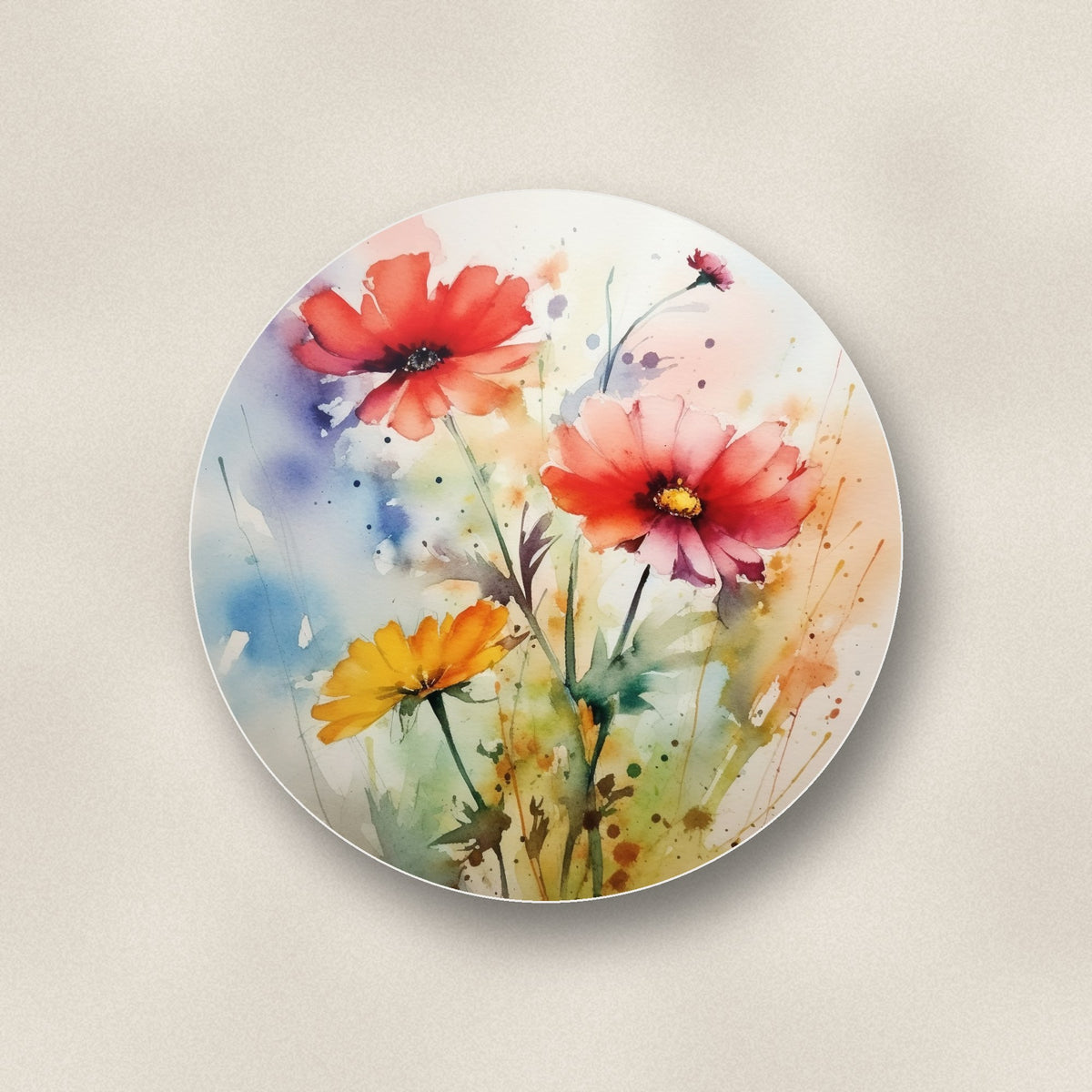 Close-up of one watercolour poppies ceramic coaster, glossy finish, flat UV print