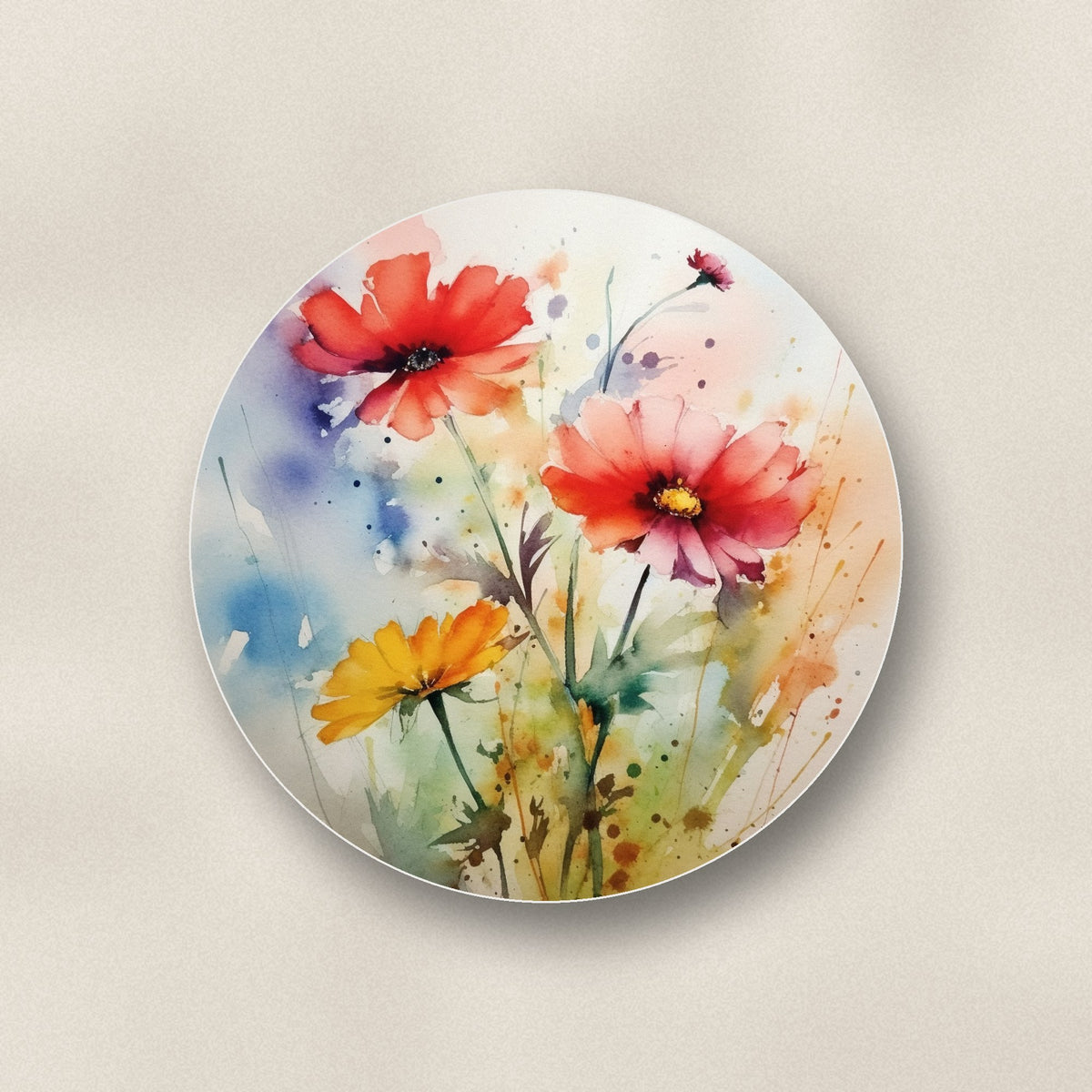 Close-up of one watercolour poppies ceramic coaster, matte finish, flat UV print