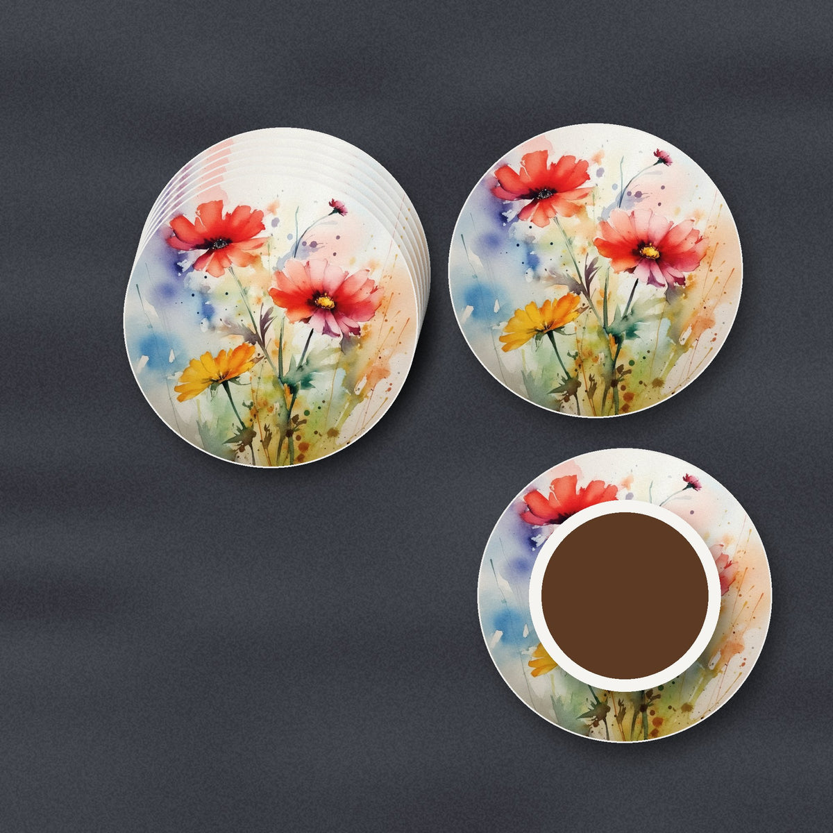 Watercolour Poppies ceramic coasters, matte finish, stacked on a slate kitchen worktop