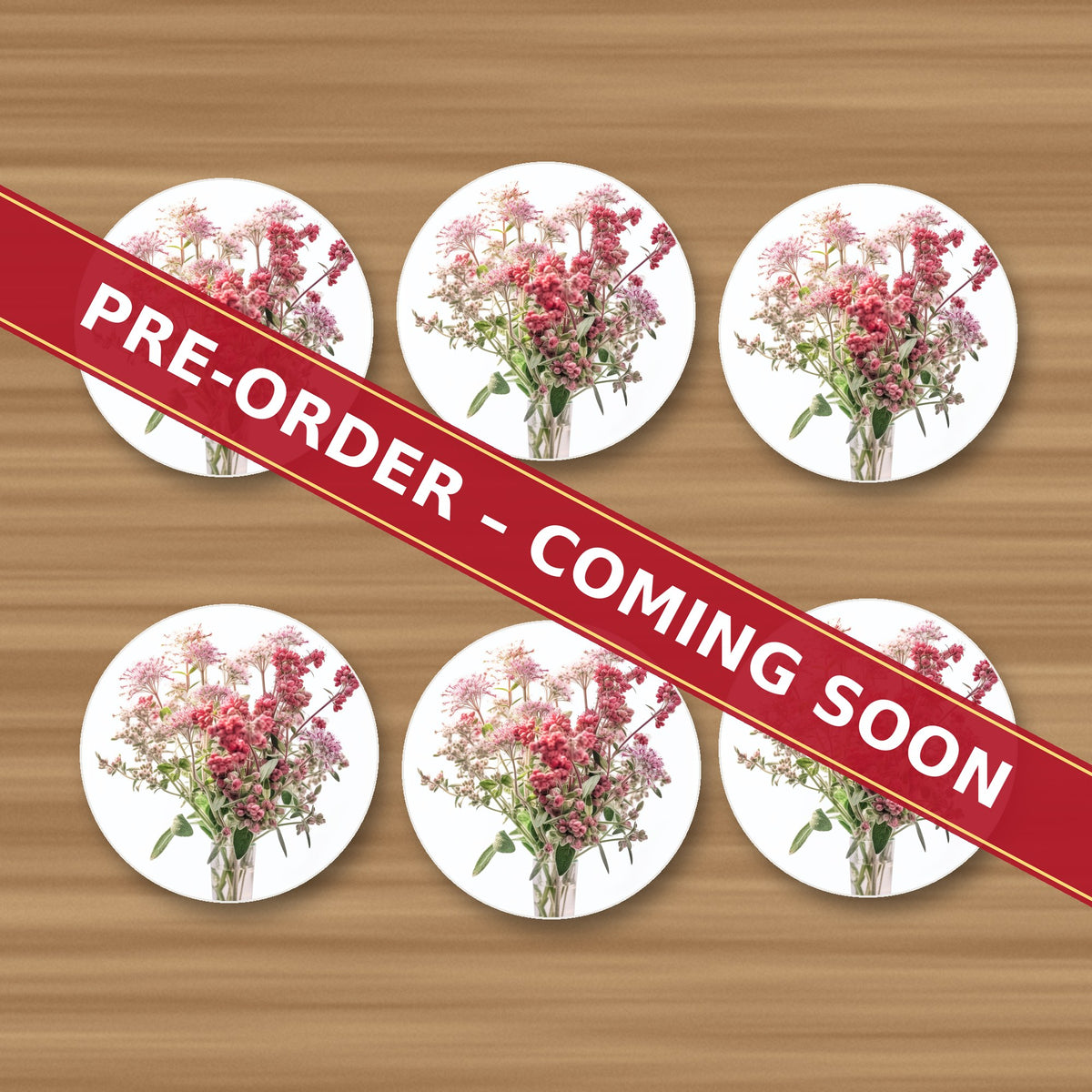 Pink Wildflower Bouquet round ceramic coaster set of 6, UV printed, pre-order coming soon