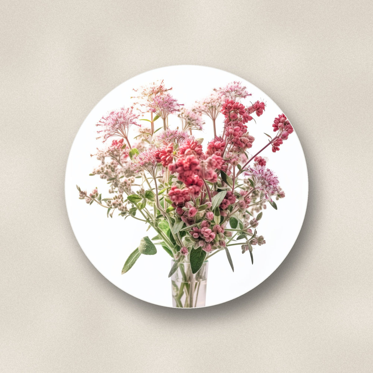 Close-up of one pink wildflower bouquet ceramic coaster, glossy finish, flat UV print