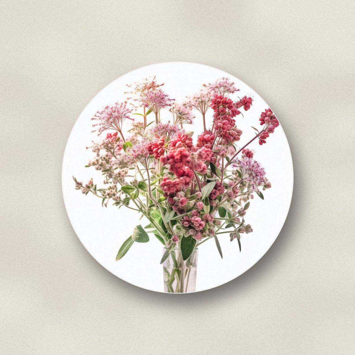 Close-up of one pink wildflower bouquet ceramic coaster, matte finish, flat UV print