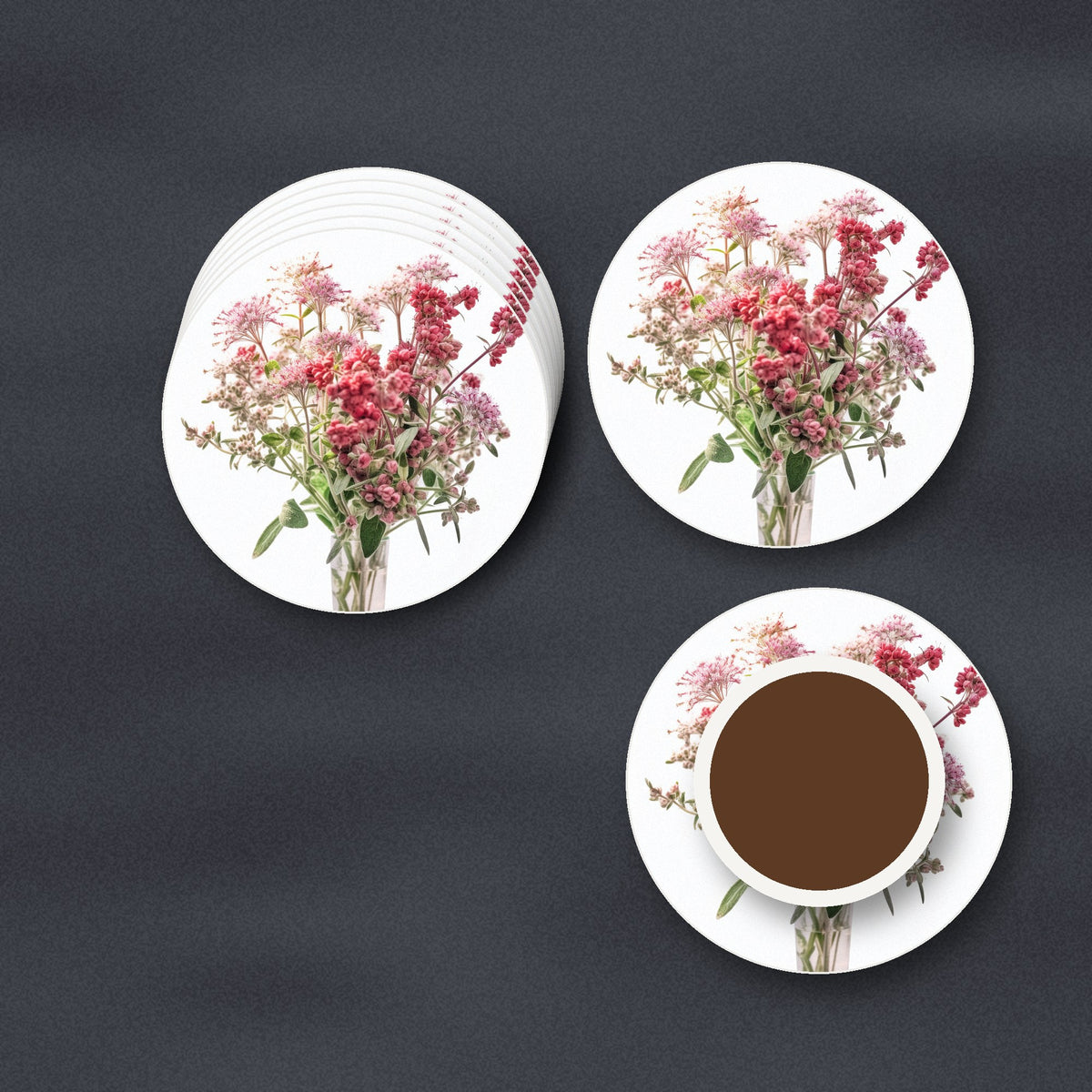 Pink Wildflower Bouquet ceramic coasters, matte finish, stacked on a slate kitchen worktop