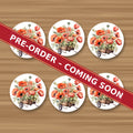Poppy Wheelbarrow round ceramic coaster set of 6, UV printed, pre-order coming soon