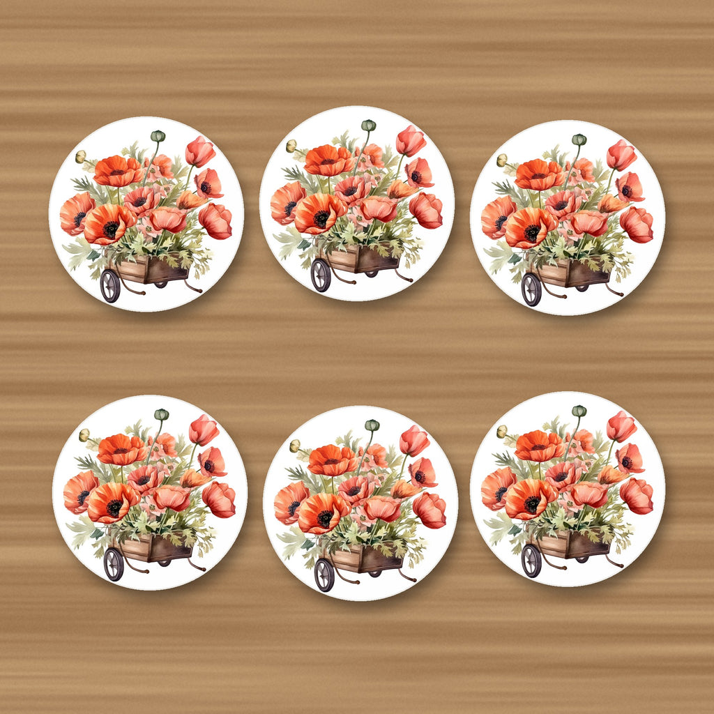 Poppy Wheelbarrow round ceramic coasters, set of 6, glossy finish, on an oak coffee table
